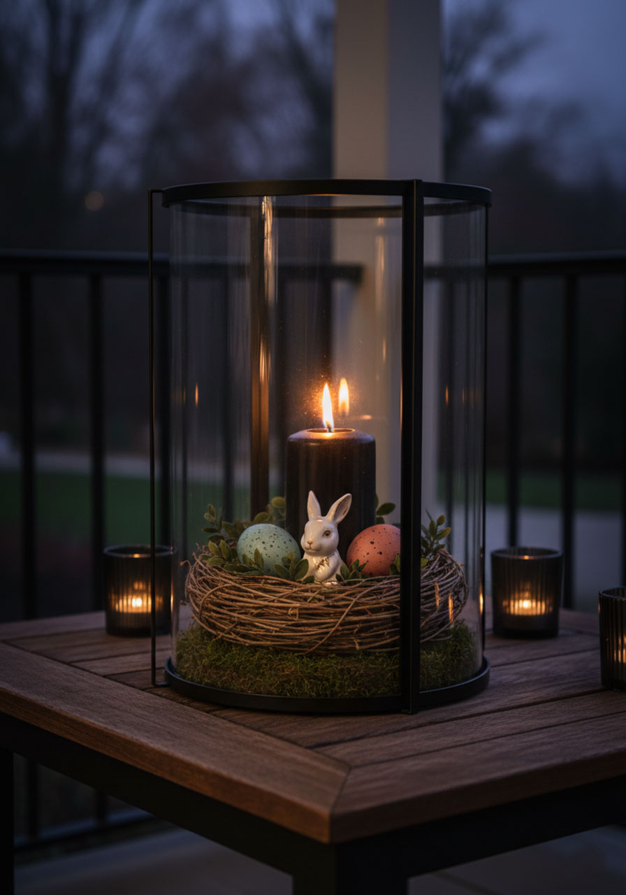 Rustic glass lantern with twig nest, speckled Easter eggs, and glowing candle for Easter porch decor at dusk