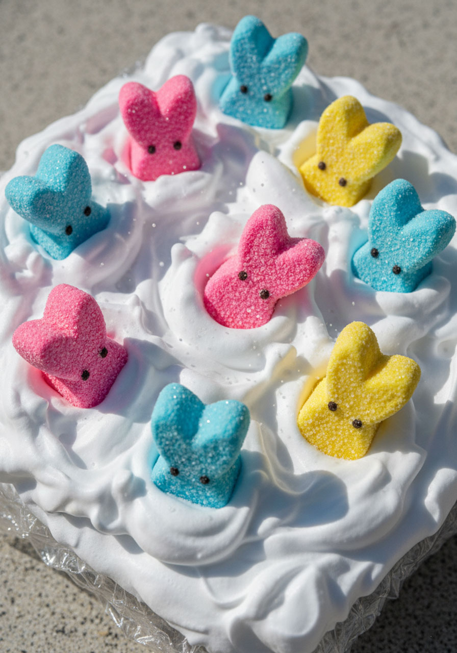 Close-up of colorful marshmallow peeps stuck to shaving cream on shower cap during Easter game