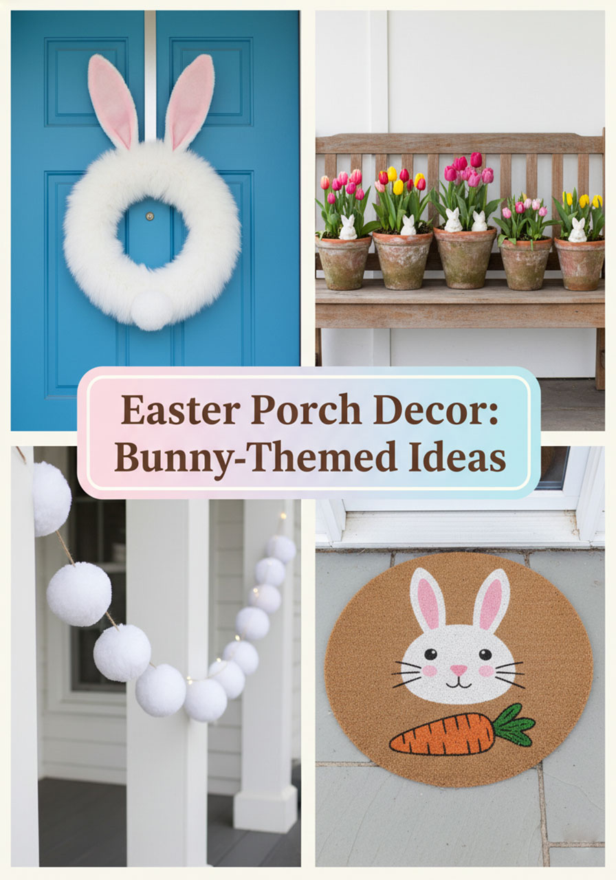 Collage of four cute bunny-themed Easter porch decor ideas including wreath, planters, bunting, and doormat