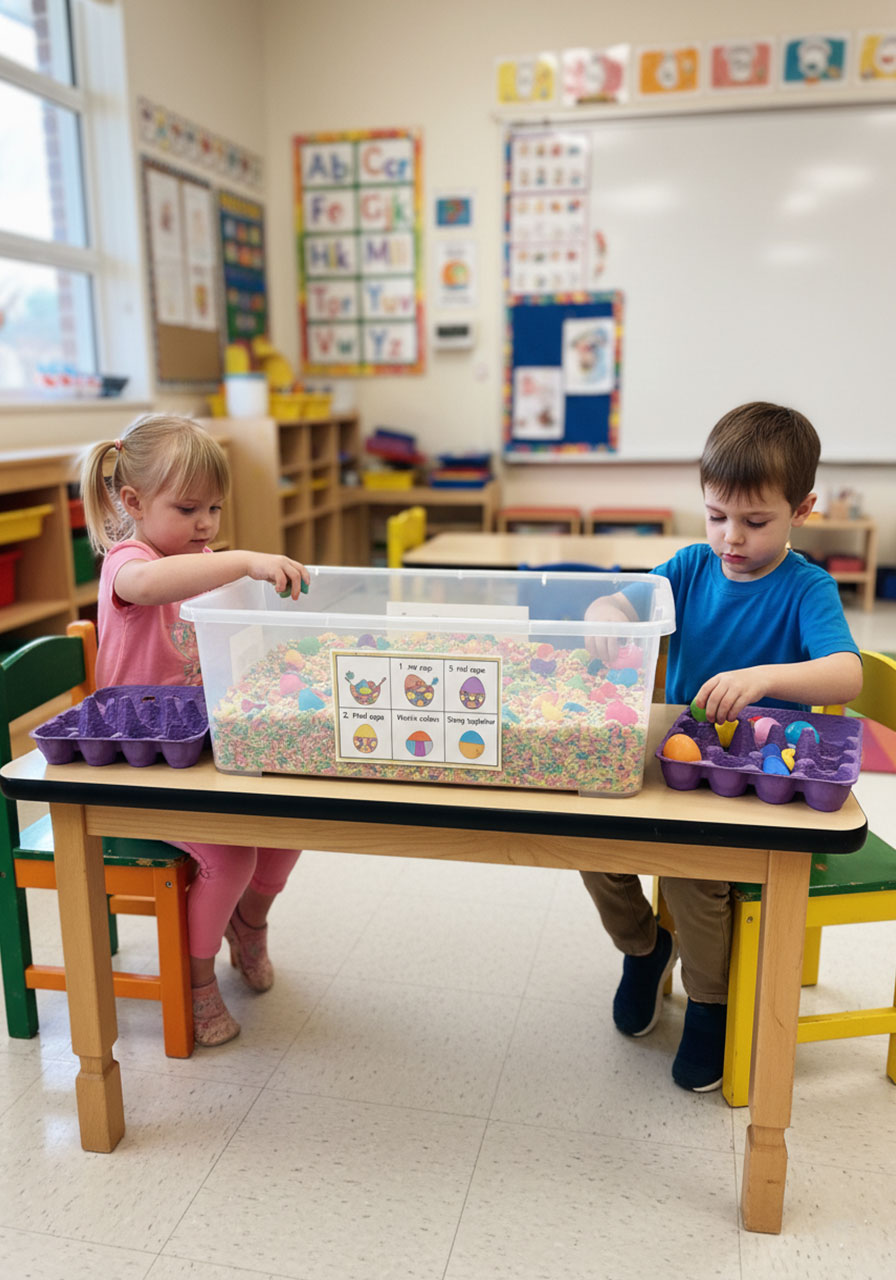 Easter sensory bin setup as preschool classroom learning center with two children playing and sorting eggs
