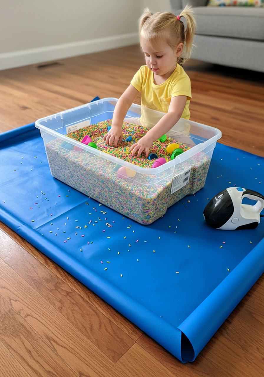 Easter sensory bin setup on splash mat for easy cleanup with toddler playing and minimal mess