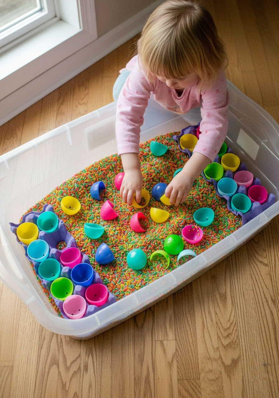 Easter sensory bin filled with rainbow colored rice, plastic eggs, and purple egg cartons for toddler play activity
