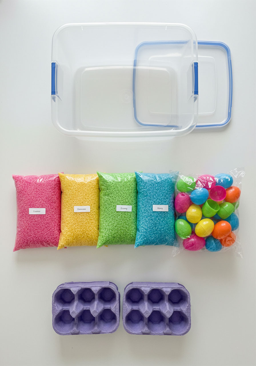 All supplies needed to create Easter sensory bin including storage container, rainbow rice, plastic eggs, and egg cartons