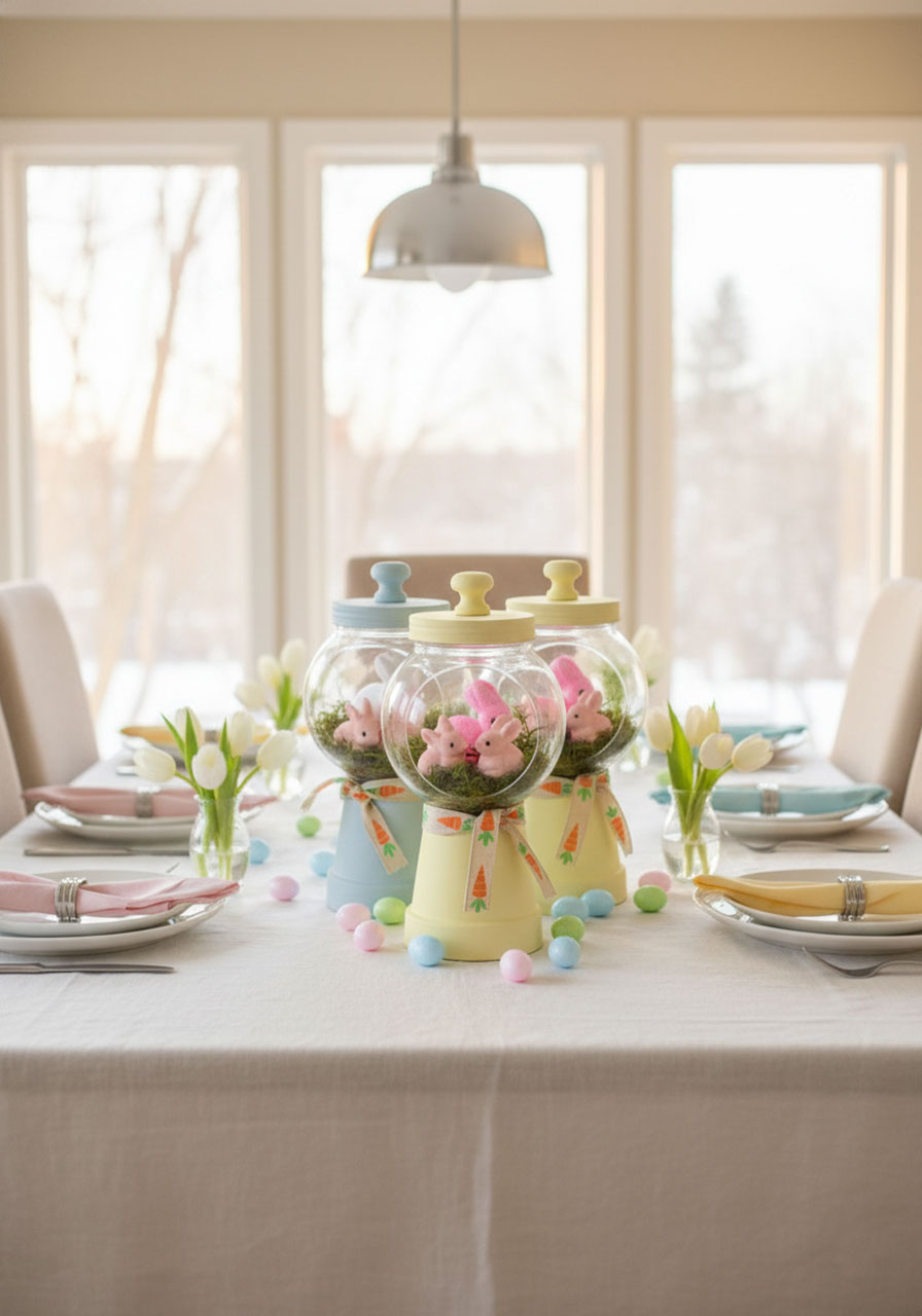 Three DIY bunny gumball machines displayed as Easter table centerpiece with spring dining decor	