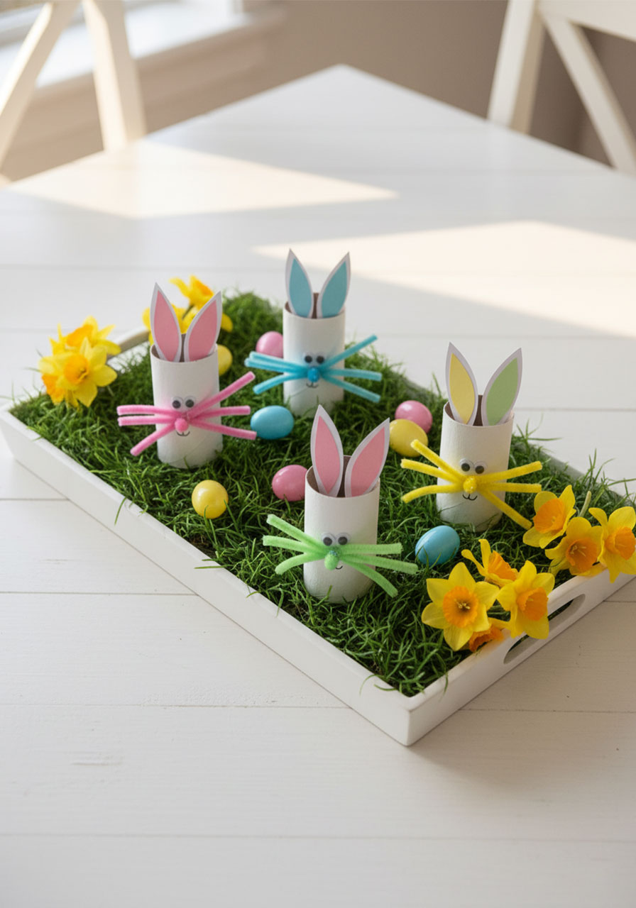 Easter table centerpiece display with toilet paper roll bunny crafts, eggs, and flowers on white tray