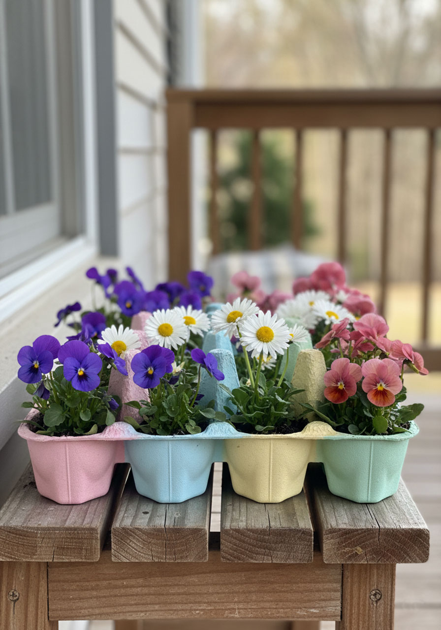 Pastel-painted egg carton flower boxes filled with violas and pansies for Easter porch and outdoor decor
