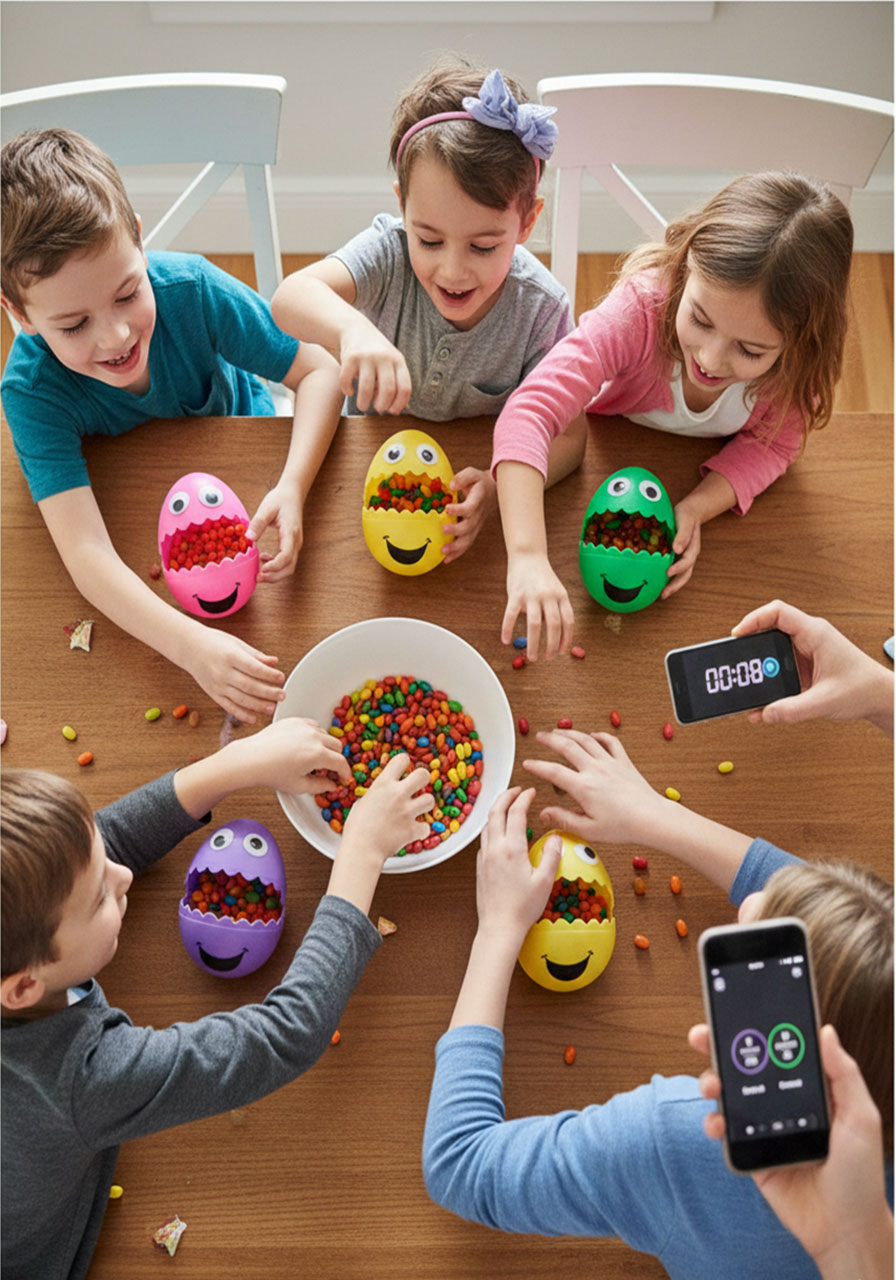 Children racing to feed jelly beans to plastic Easter eggs with drawn faces during egg chomp party game