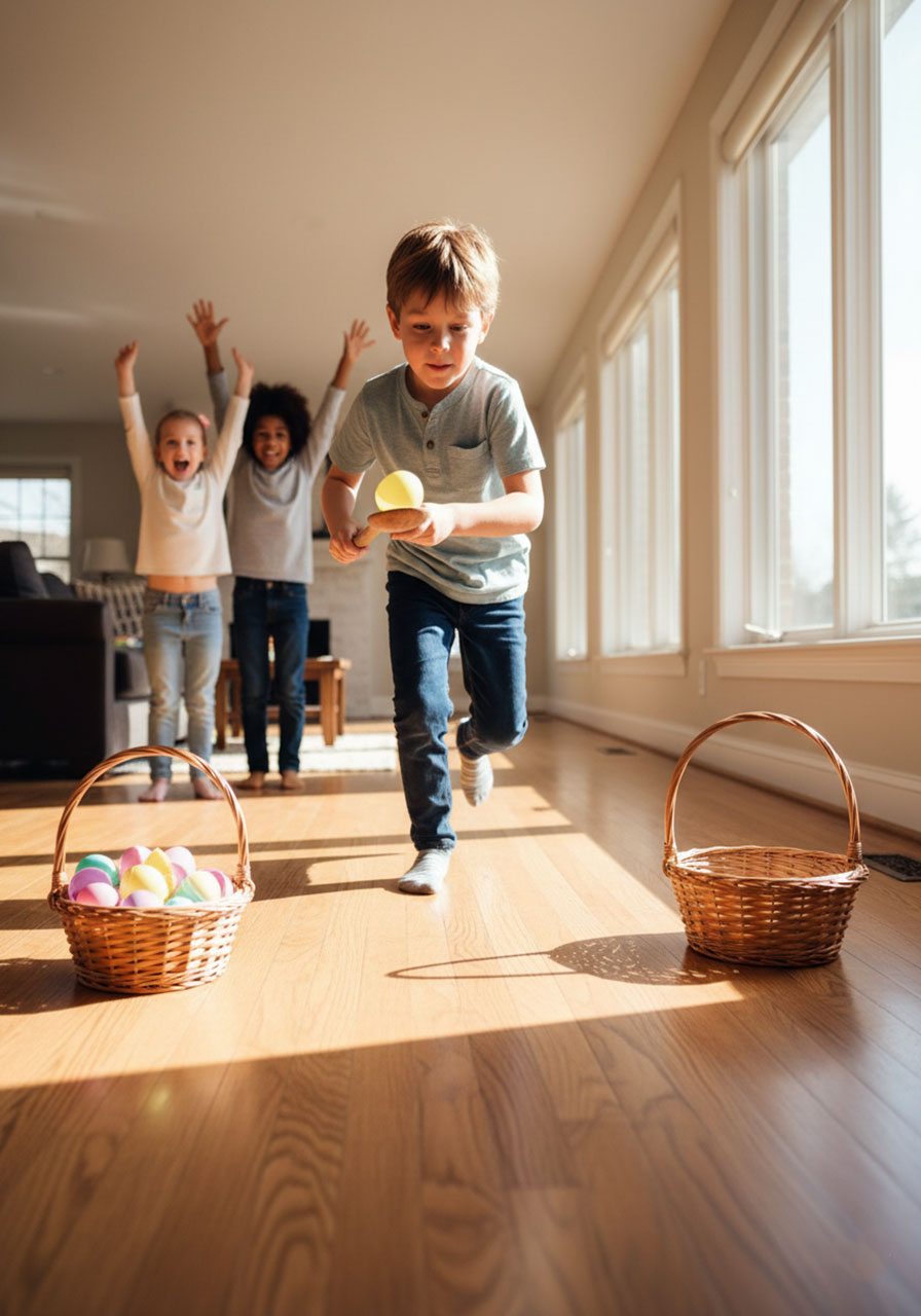 Child balancing a plastic Easter egg on a spoon during the Egg Relay Race minute to win it game with teammates cheering in the background