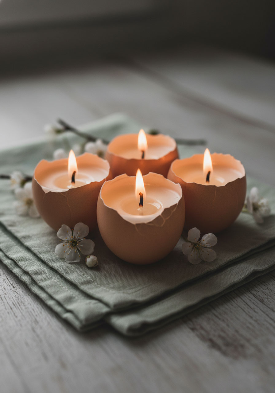 DIY eggshell candles with lit wicks surrounded by white spring flowers for Easter home decor