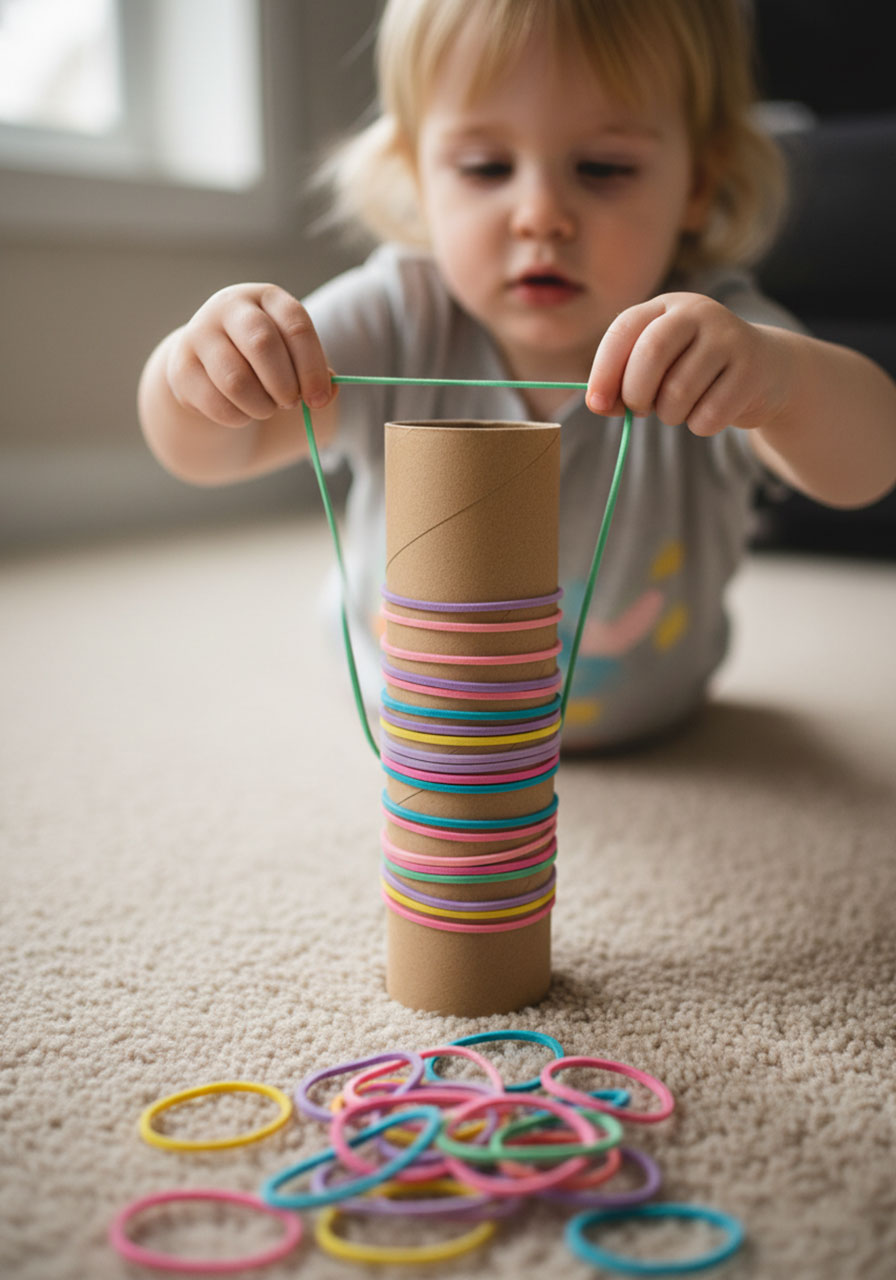 Toddler carefully sliding elastic hair bands onto cardboard tube to develop gentle hand control and problem-solving skills