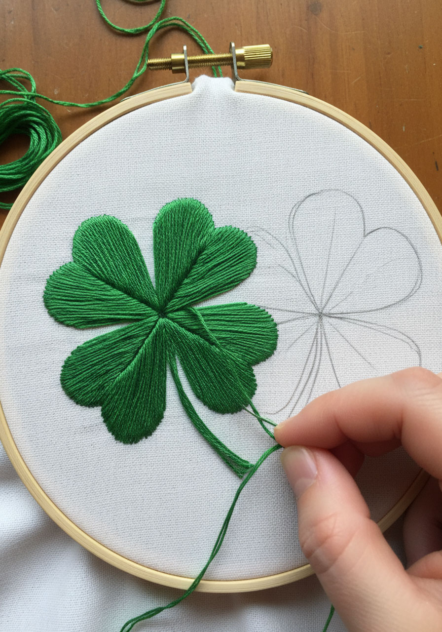 Close-up of hand embroidering green four-leaf clover using satin stitch technique on white fabric in embroidery hoop for St. Patrick's Day craft