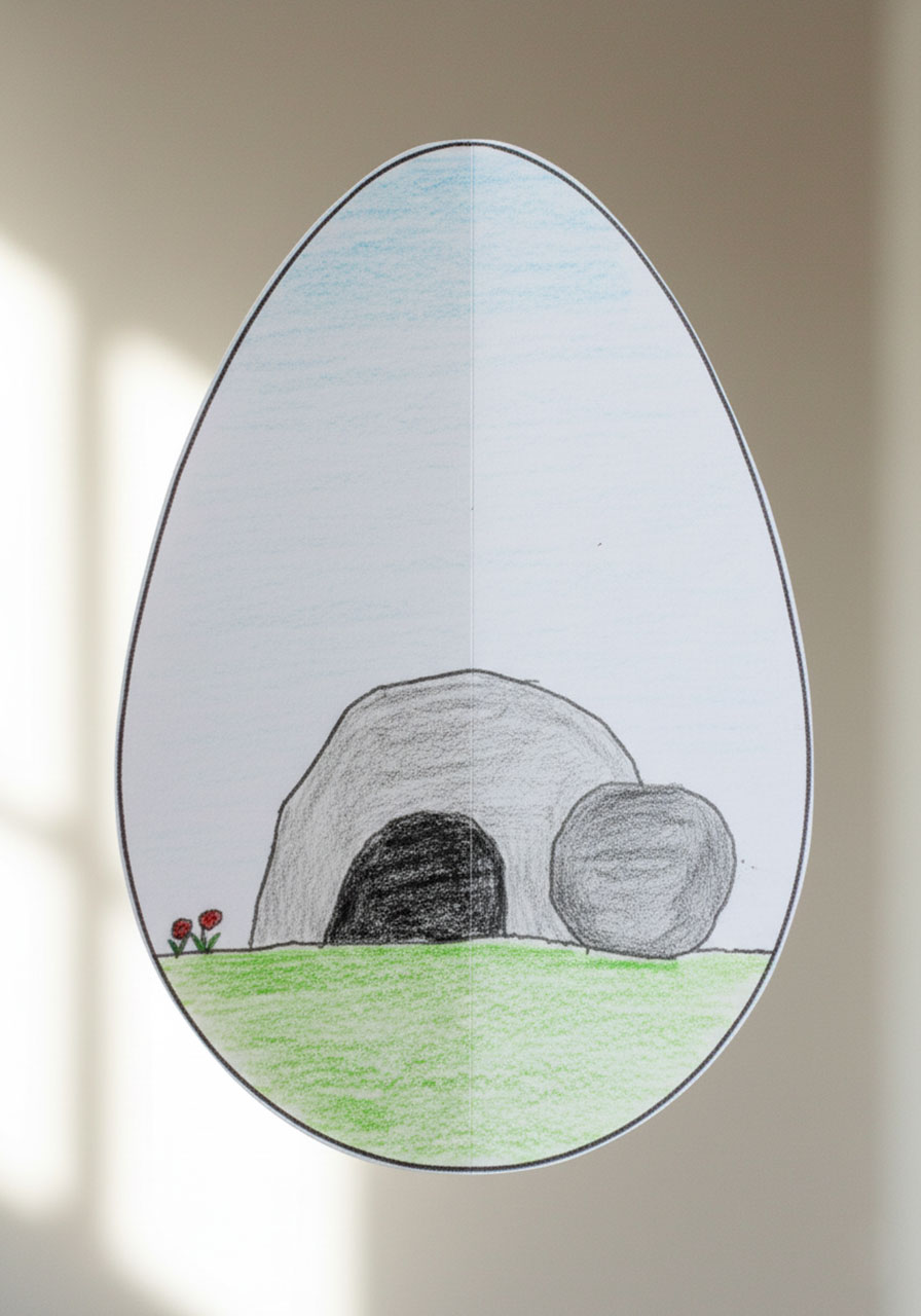 Detailed close-up of empty tomb panel with rolled-away stone for Easter story 3D egg craft