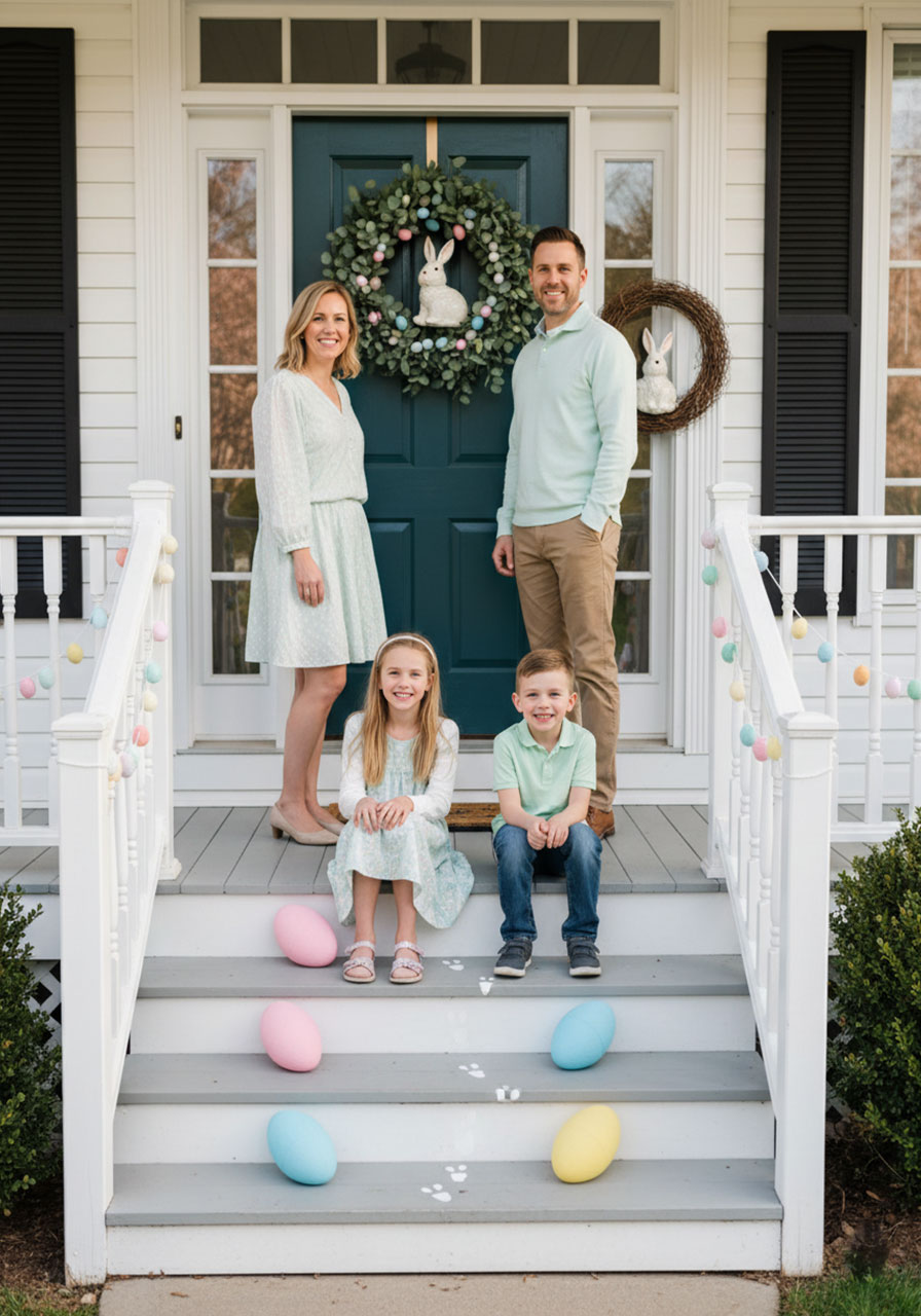 Happy family enjoying their fully decorated Easter porch with egg garland bunny wreath and pastel spring decor
