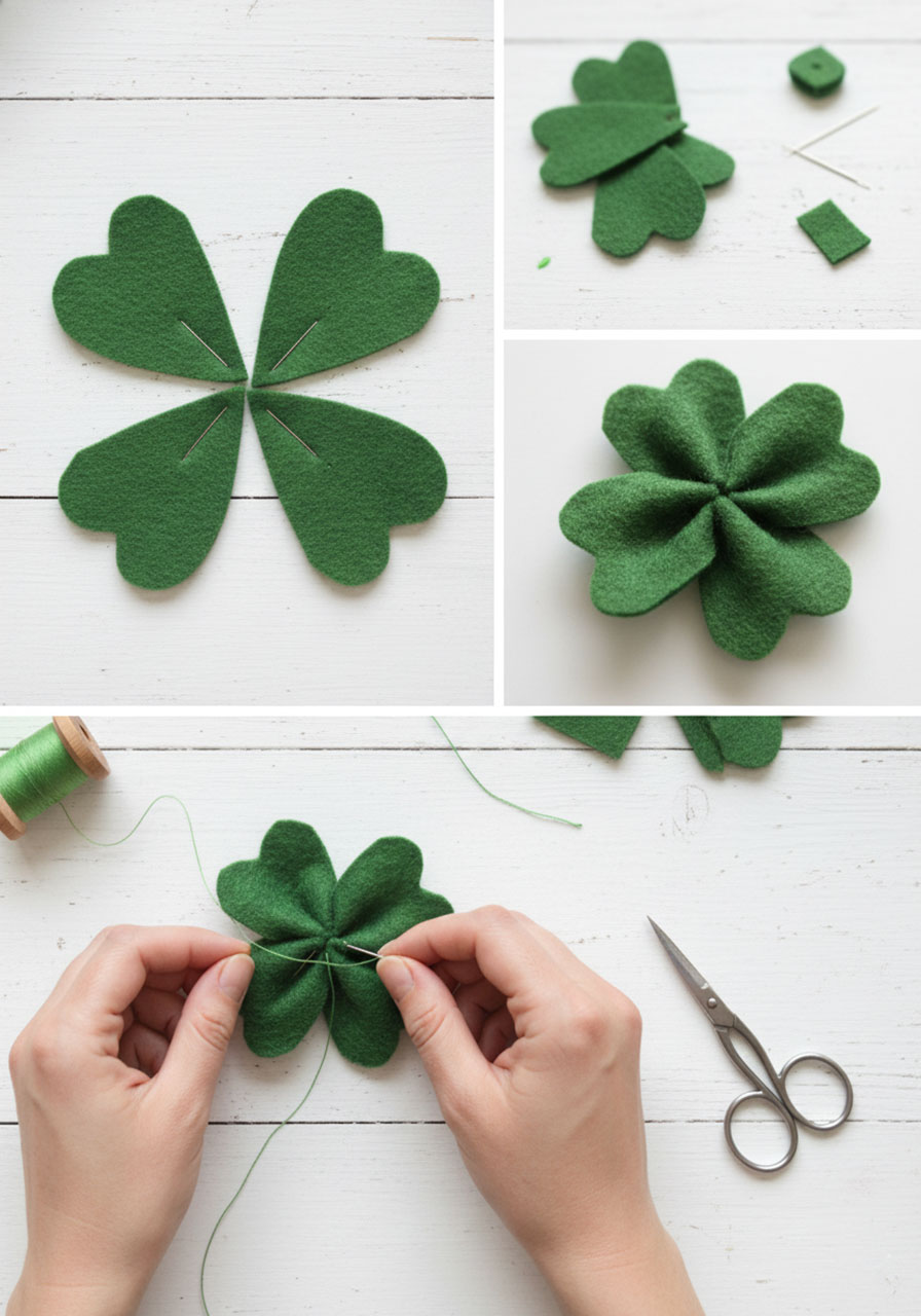 DIY felt four-leaf clover St. Patrick's Day craft showing step-by-step assembly with green felt hearts and finished 3D shamrock decoration