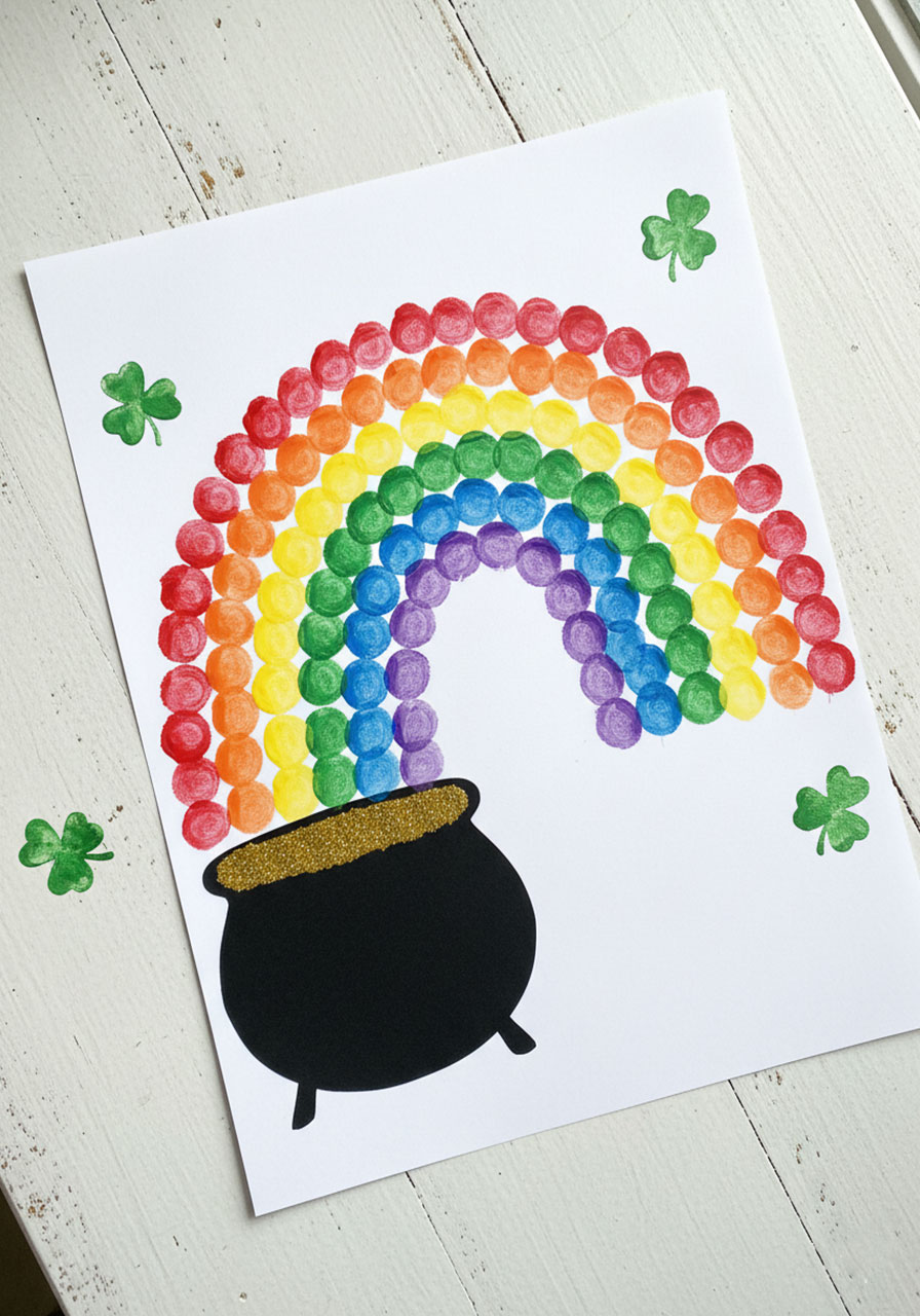 Completed fingerprint rainbow pot of gold craft for St. Patrick's Day showing colorful fingerprint arch and glittery black pot on white paper