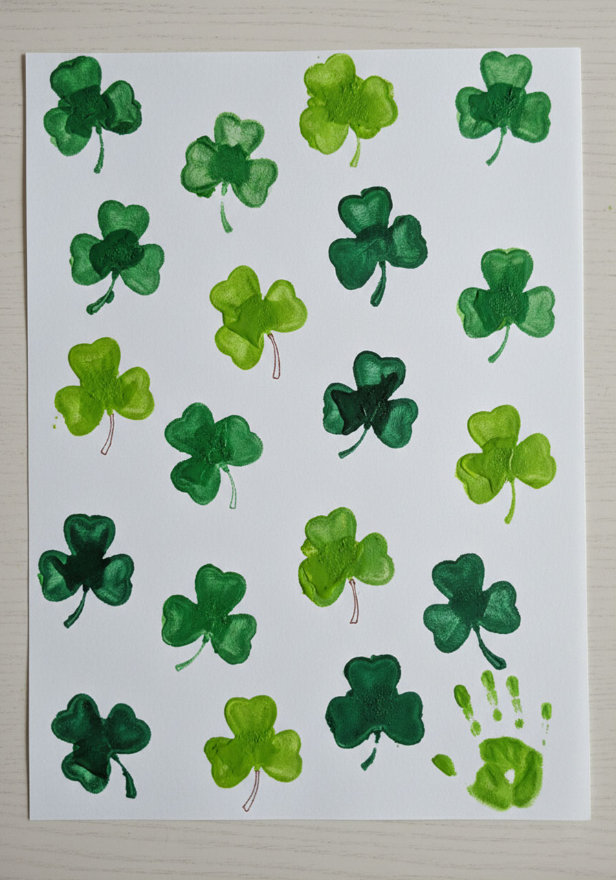 Completed St. Patrick's Day art showing multiple green shamrocks created with marshmallow stamping technique on white paper