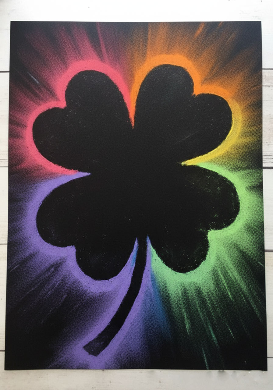 Completed St. Patrick's Day chalk pastel art featuring black four-leaf clover with vibrant rainbow glow effect on black paper
