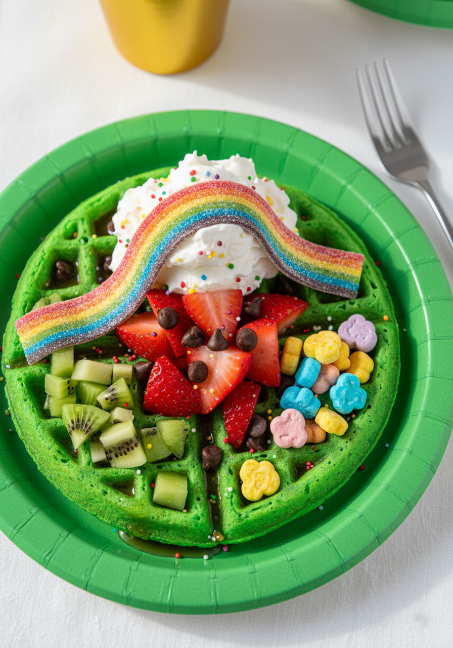 Completed green waffle topped with whipped cream, strawberries, kiwi, chocolate chips, Lucky Charms, and rainbow candy for St. Patrick's Day