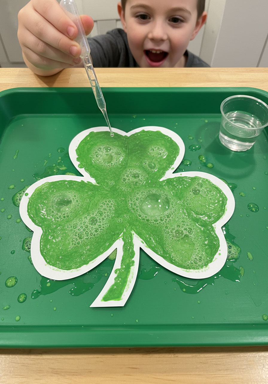 St. Patrick's Day fizzing shamrock science experiment showing baking soda and vinegar reaction for kids STEM activity