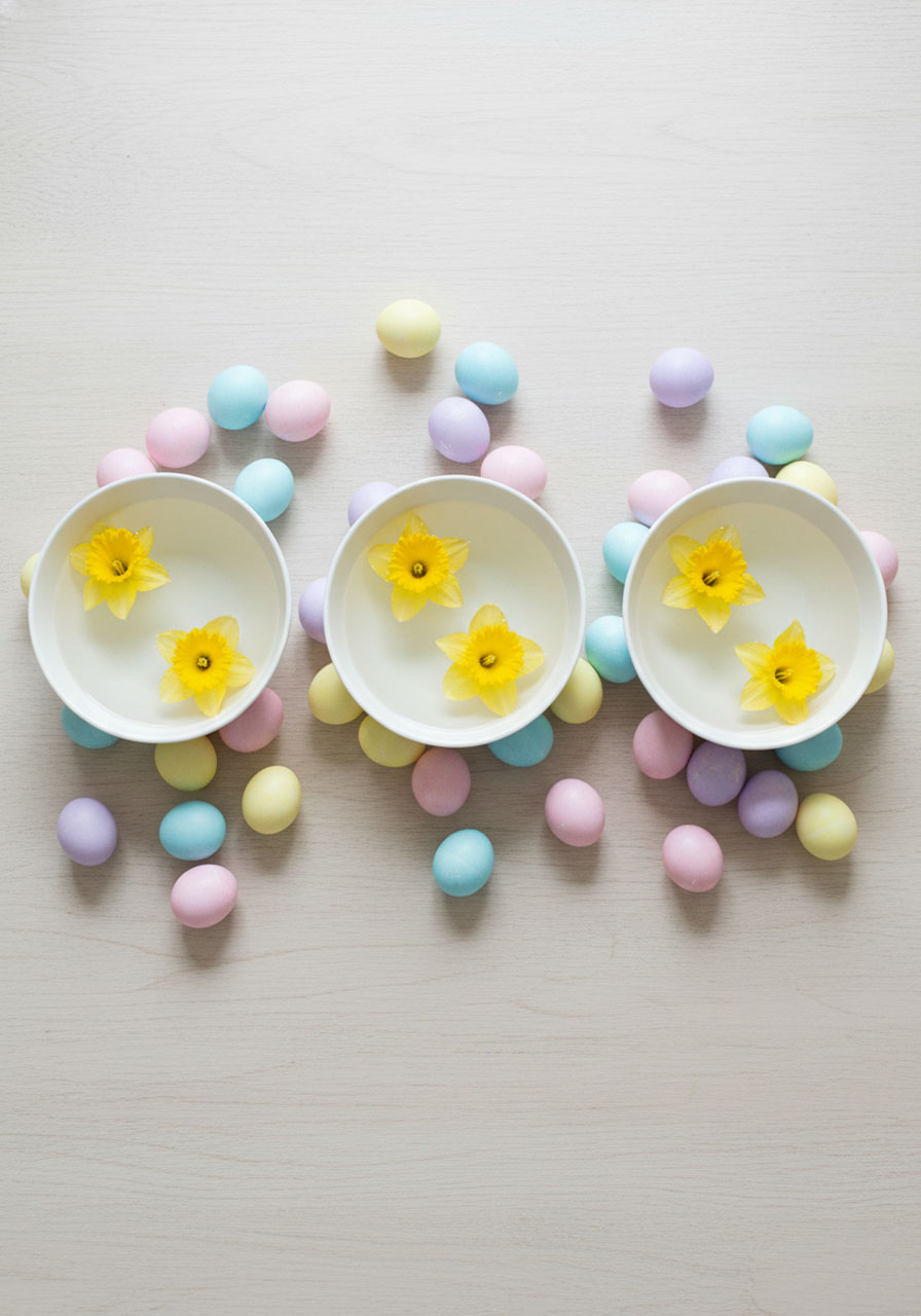 Three shallow bowls with floating yellow daffodils surrounded by colorful Easter eggs on dining table