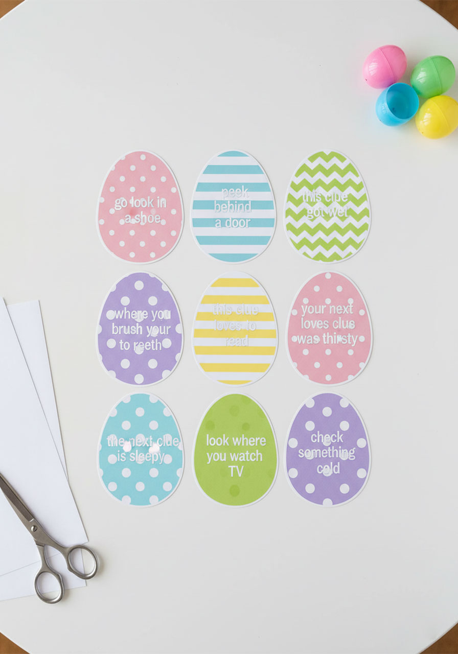 Free printable Easter egg hunt clue cards with colorful egg-shaped designs showing riddles for all ages scavenger hunt
