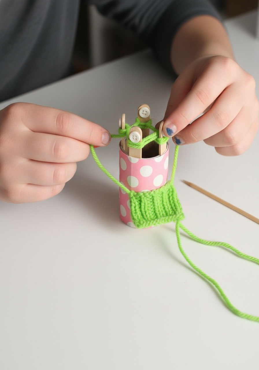Child demonstrating the knitting stitch technique by pulling yarn loop over craft stick on toilet roll loom mid-action