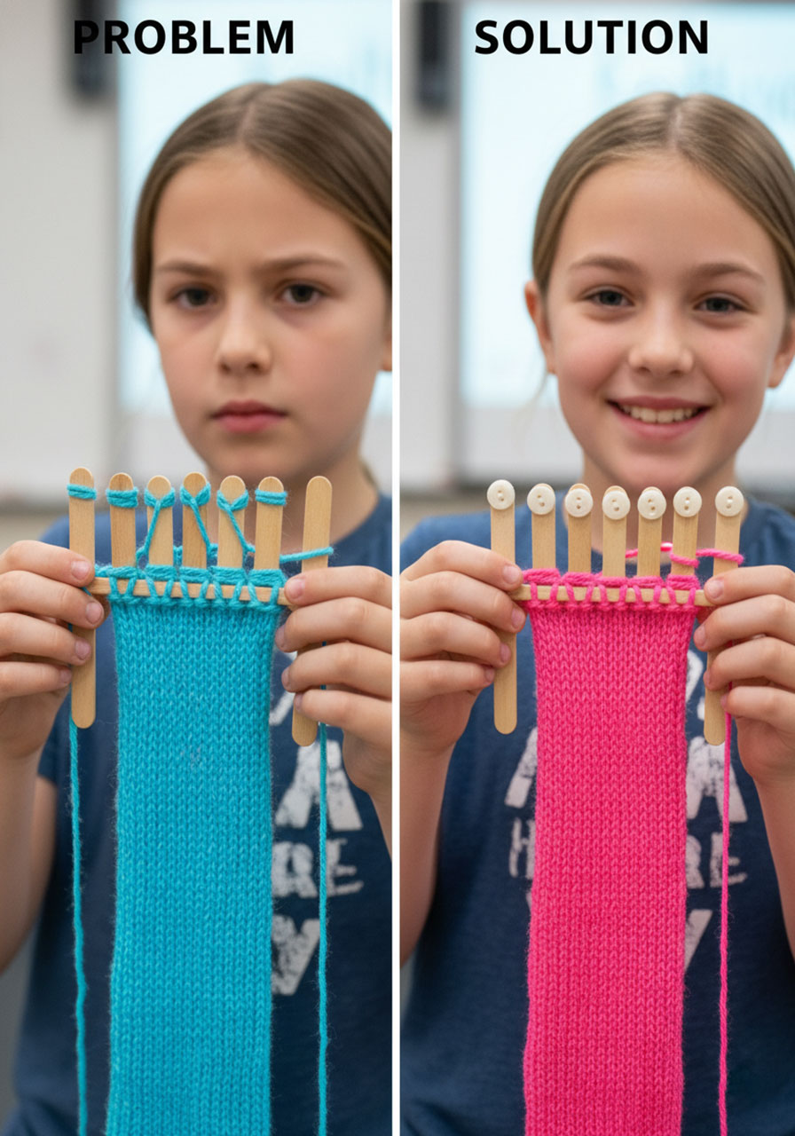 Before and after comparison showing common toilet roll knitting problem with loose stitches versus solution using button stoppers