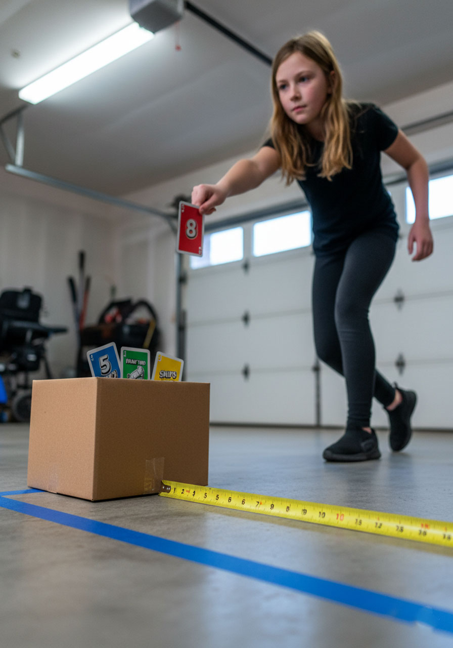 Girl throwing UNO card toward cardboard box target from marked distance during card toss challenge game