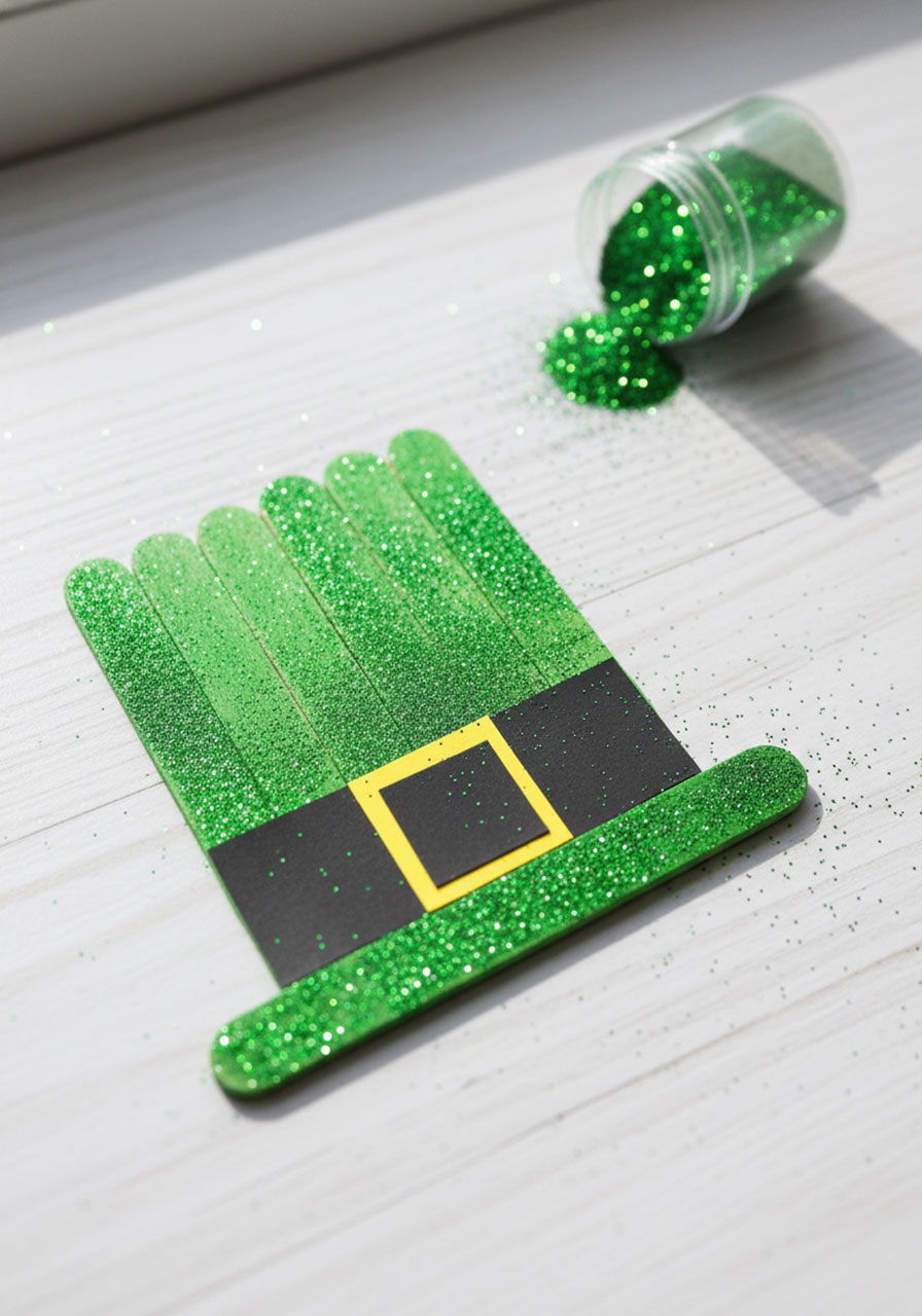 Craft stick leprechaun hat decorated with green glitter on painted surface for festive St. Patrick's Day variation