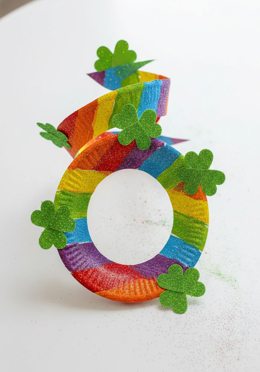 Sparkly glitter-covered rainbow twirler variation for St Patrick's Day paper plate craft