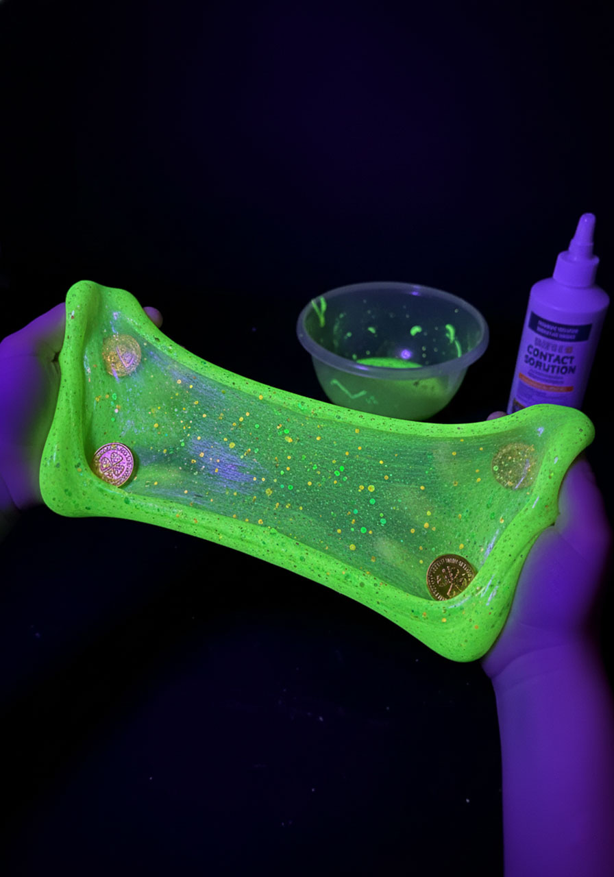 Glowing neon green shamrock slime with gold glitter under blacklight for St. Patrick's Day sensory STEM activity