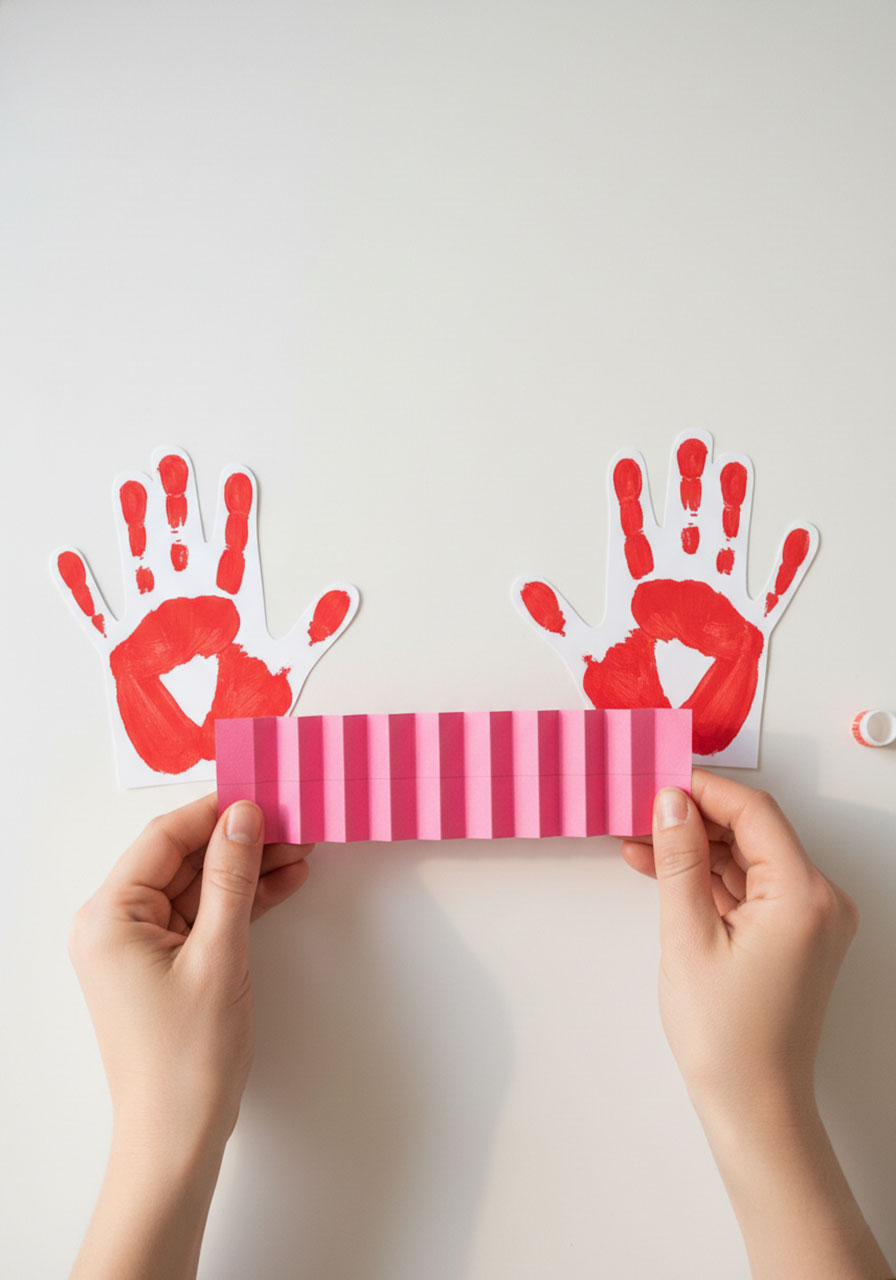 Assembling DIY Mother's Day handprint accordion card by gluing the folded pink message strip to the back of two red handprint cutouts