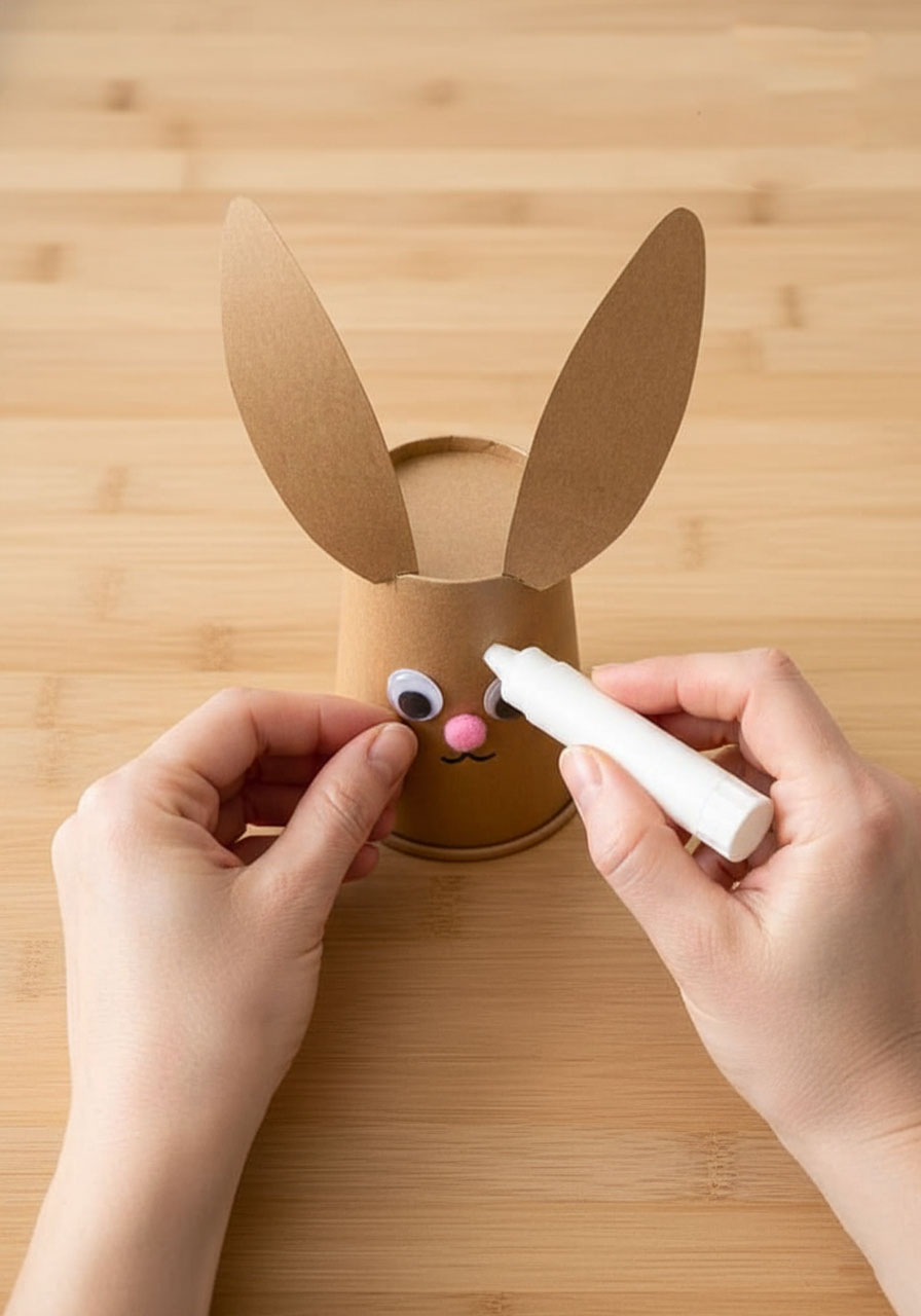 Step-by-step showing how to glue brown paper ears onto paper cup for adorable Easter bunny craft