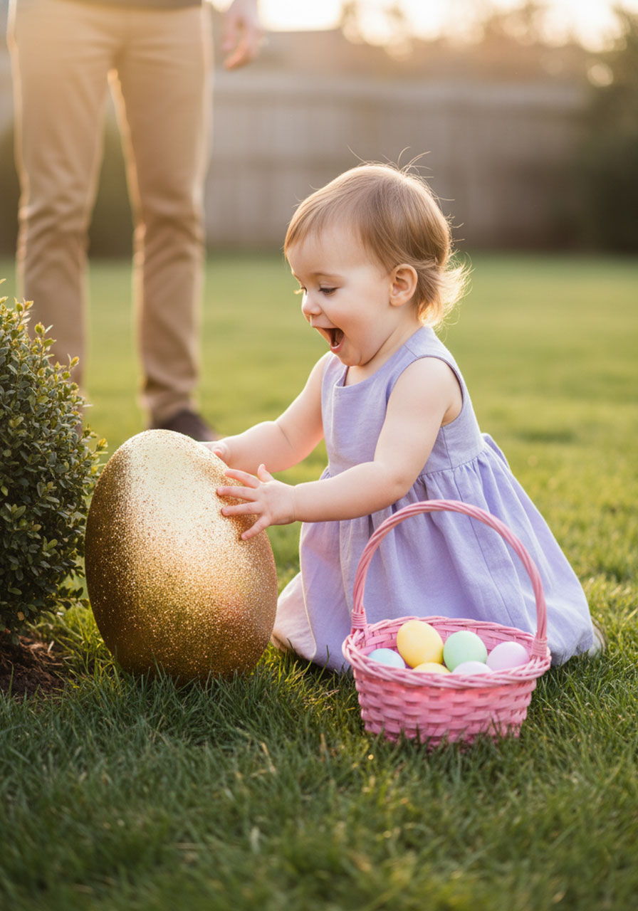 Excited toddler discovering special golden Easter egg finale prize during egg hunt grand finale moment
