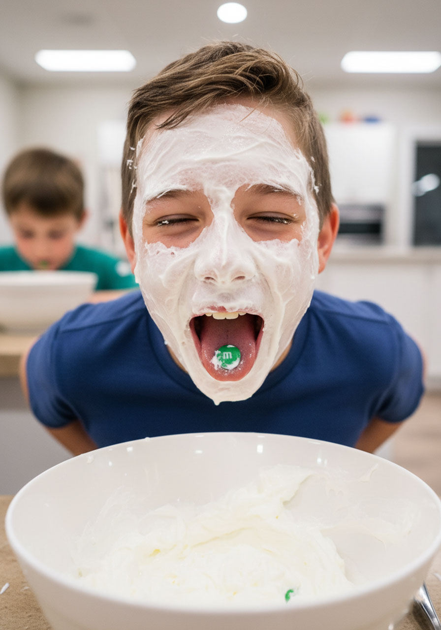 Green Face St. Patrick's Day Minute to Win It game finding green M&Ms in whipped cream using only face