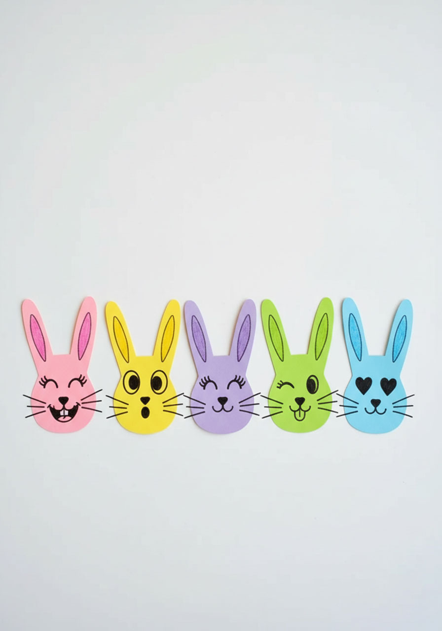 Five different bunny face expressions showing happy, surprised, sleepy, silly and sweet designs for handprint craft