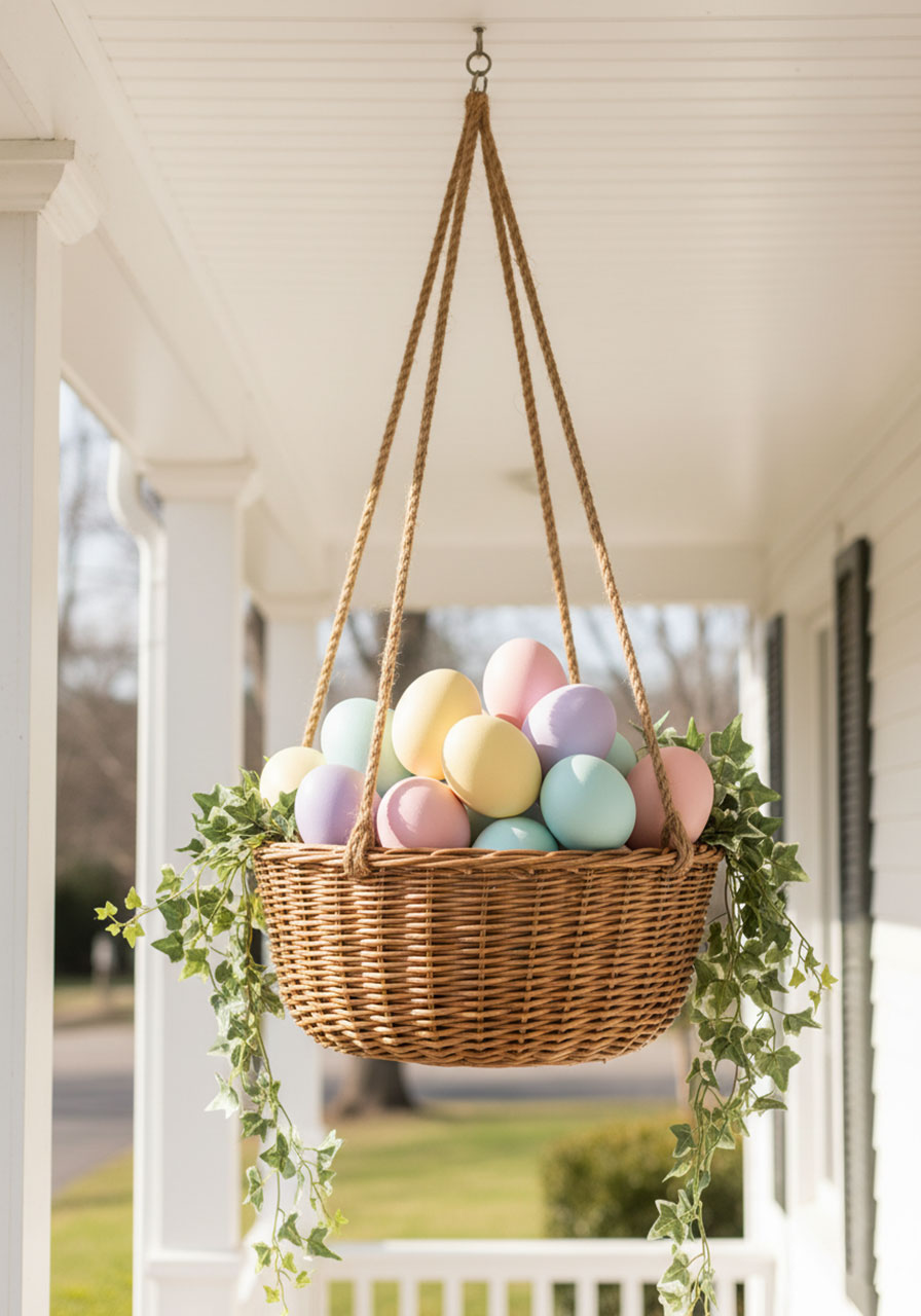 Wicker basket overflowing with pastel Easter eggs and trailing ivy hanging from porch ceiling as outdoor decor