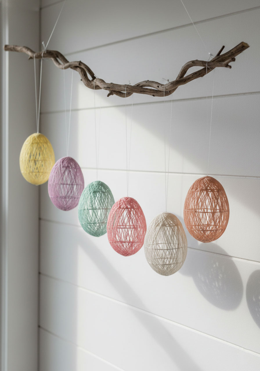 String Easter eggs displayed hanging from tree branch at different heights as spring decoration