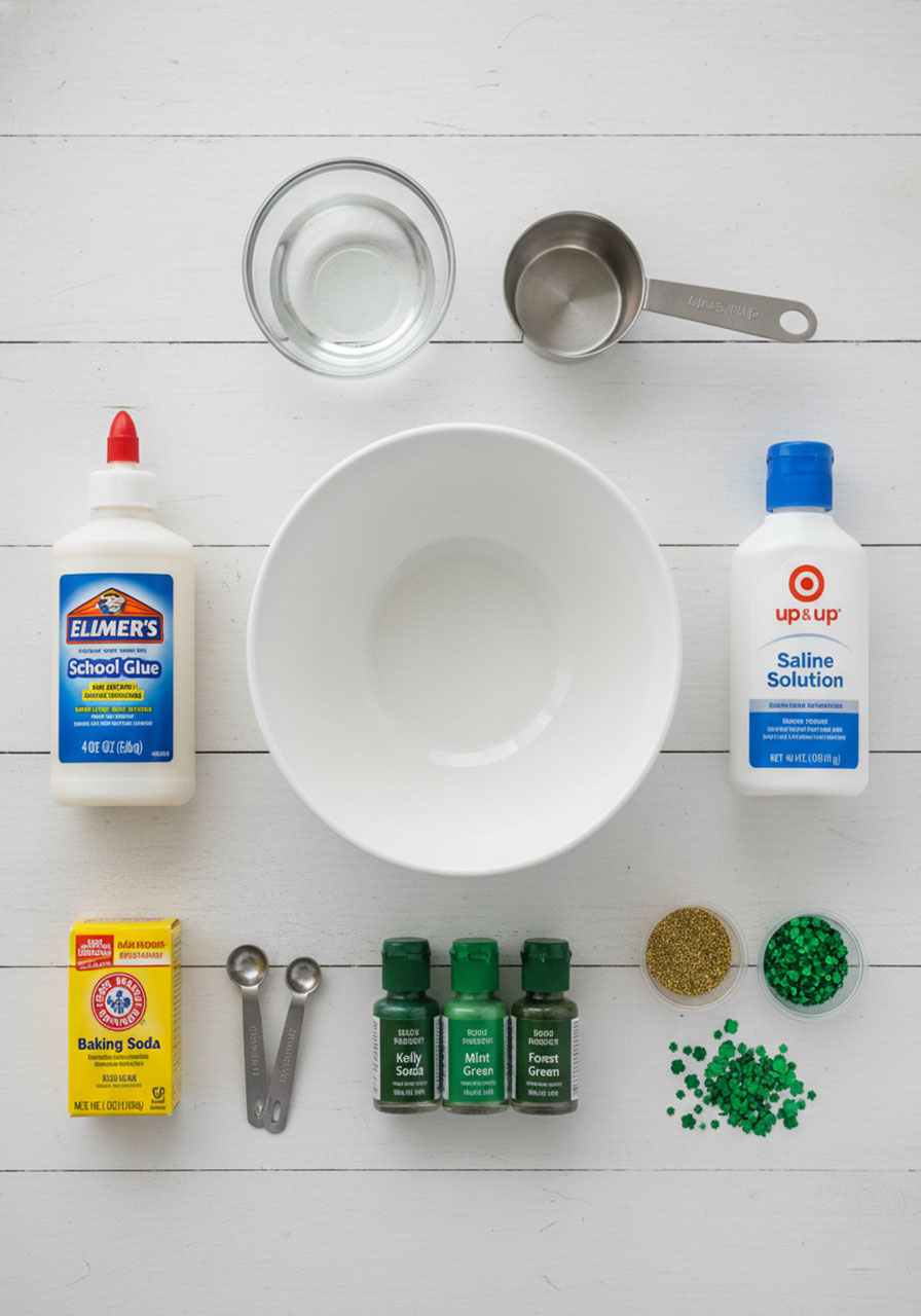 Complete ingredients layout for making St Patrick's Day slime including glue, saline solution, baking soda, and green glitter