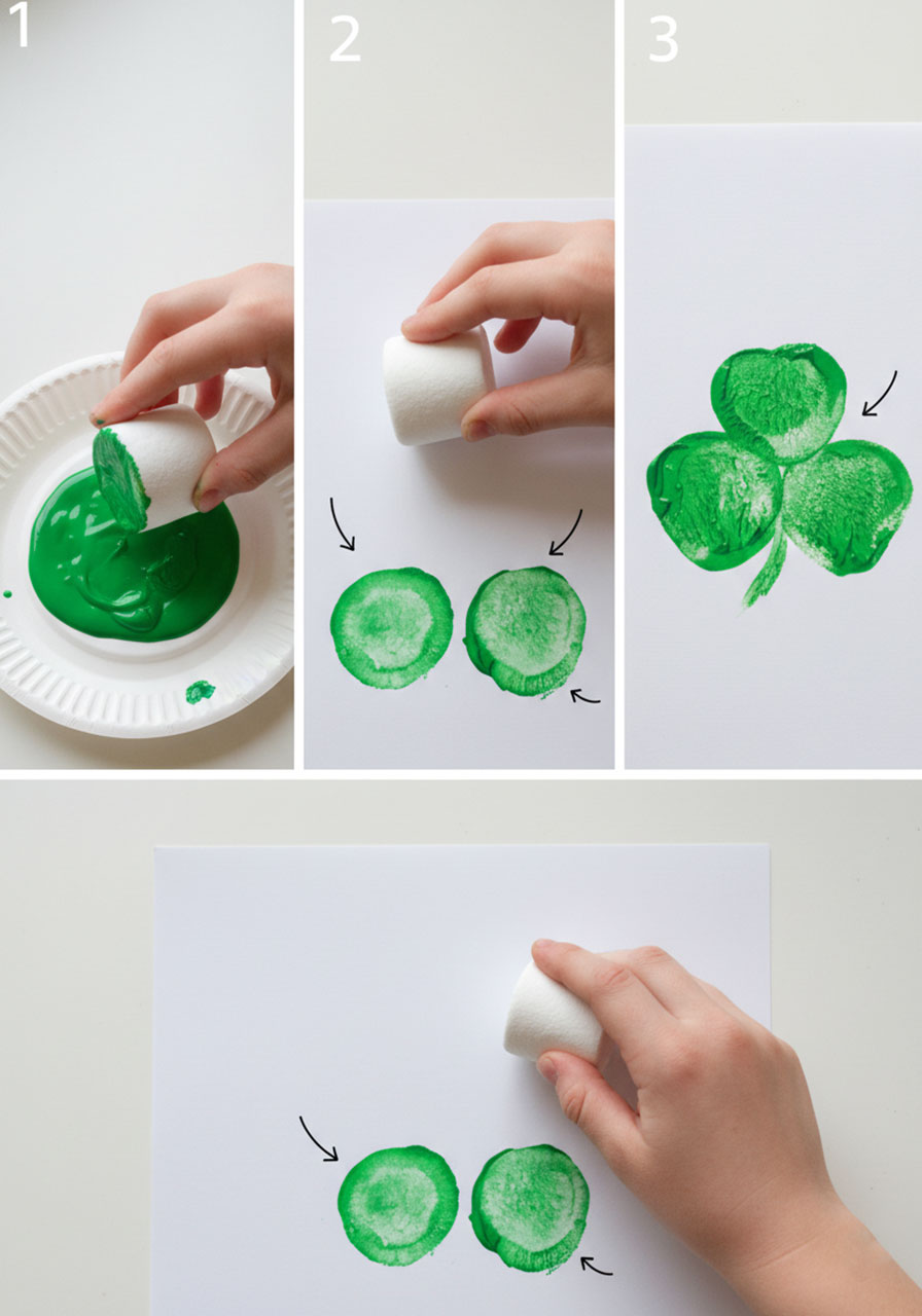 Step-by-step demonstration showing how to stamp three marshmallow circles to create a shamrock shape with green paint