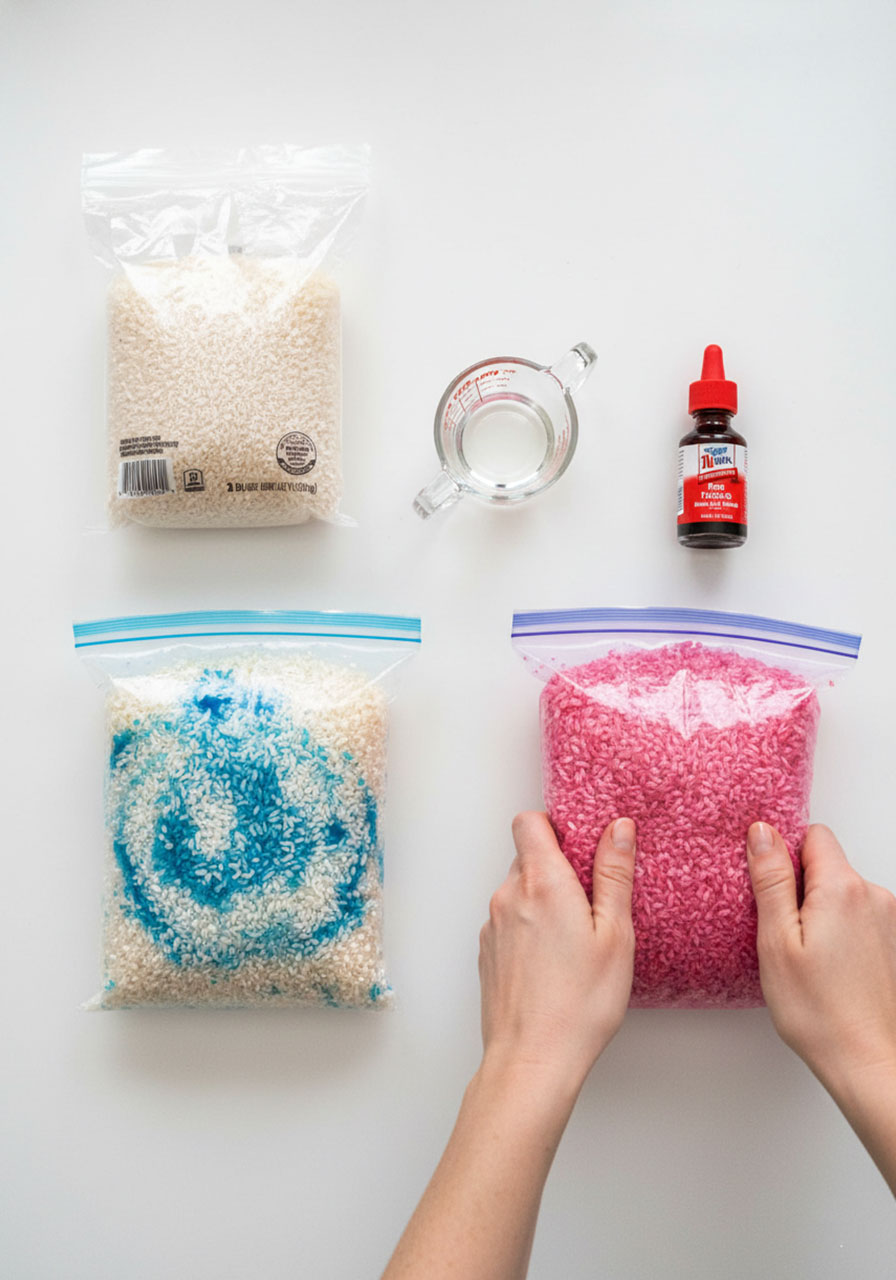 Step-by-step process of making rainbow rice with food coloring and vinegar in resealable bags for Easter sensory bin