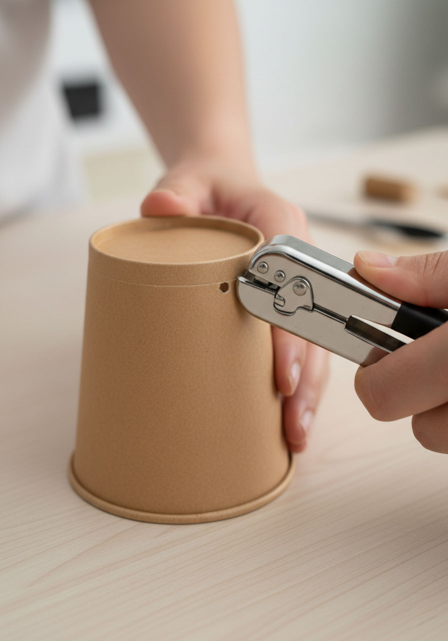 Close-up of hole puncher making holes in paper cup for Easter bunny craft legs tutorial step