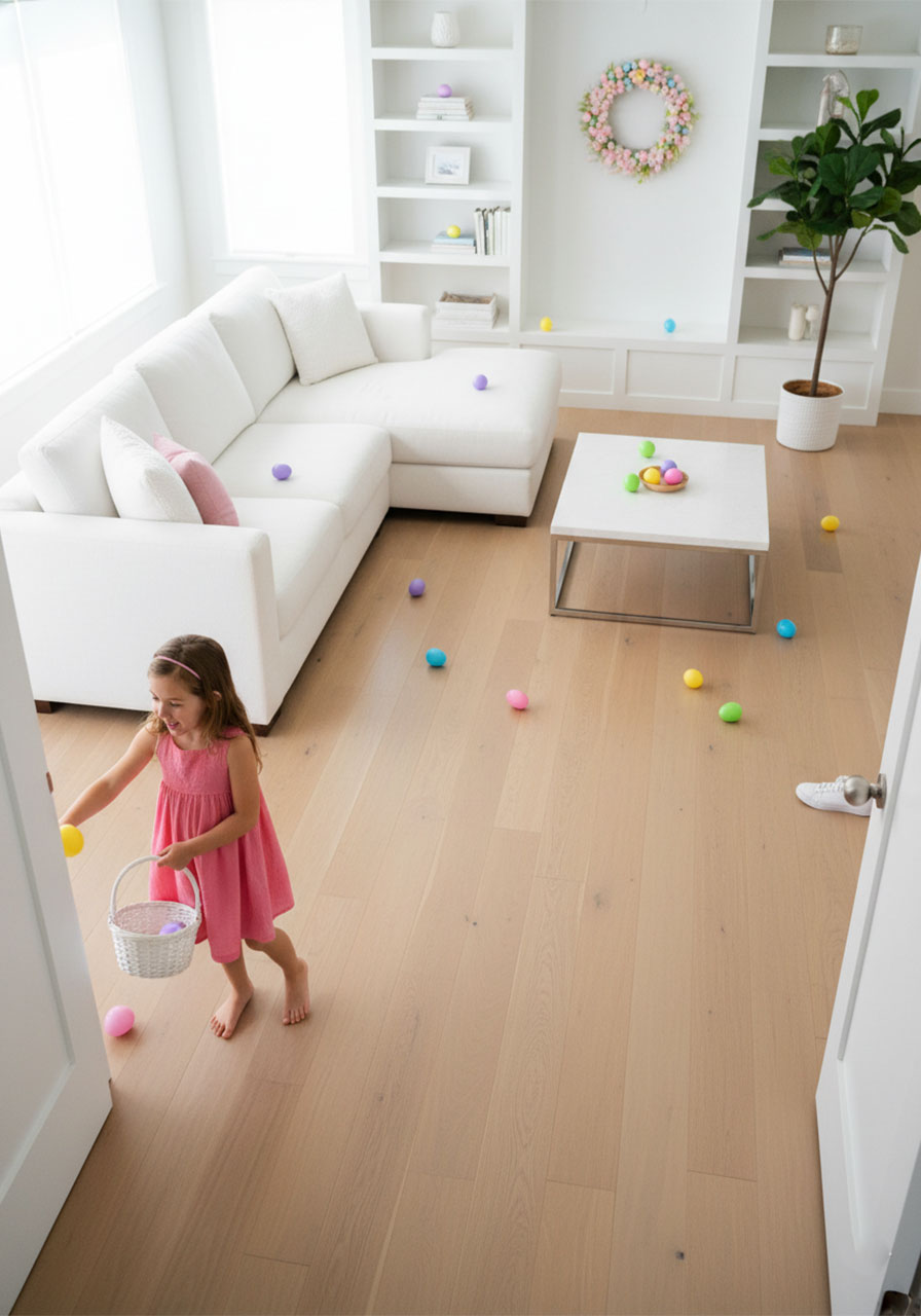 Indoor Easter egg hunt with colorful plastic eggs hidden throughout living room and young girl searching for clues with Easter basket