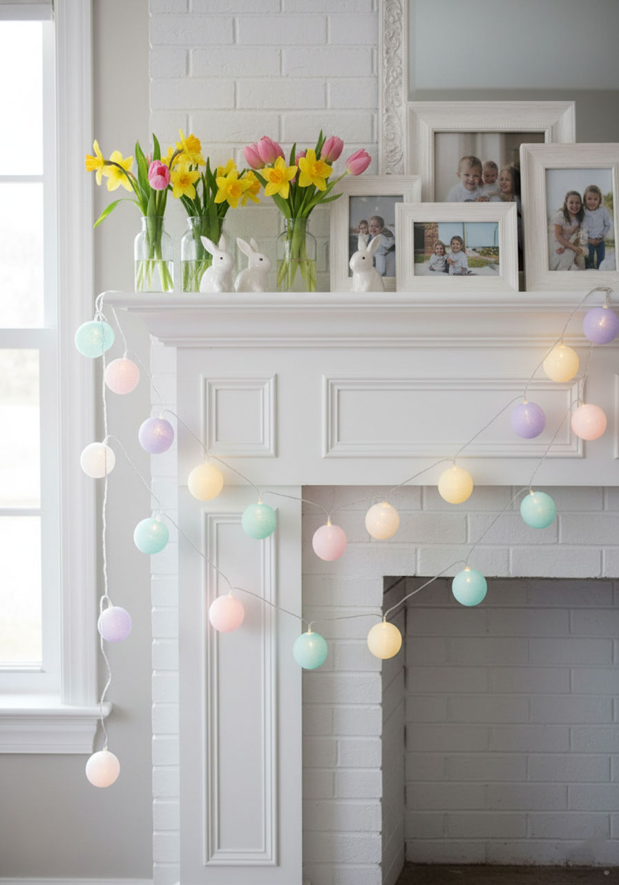 Easter egg string lights decorating white fireplace mantel with spring flowers and bunny decorations for indoor holiday display
