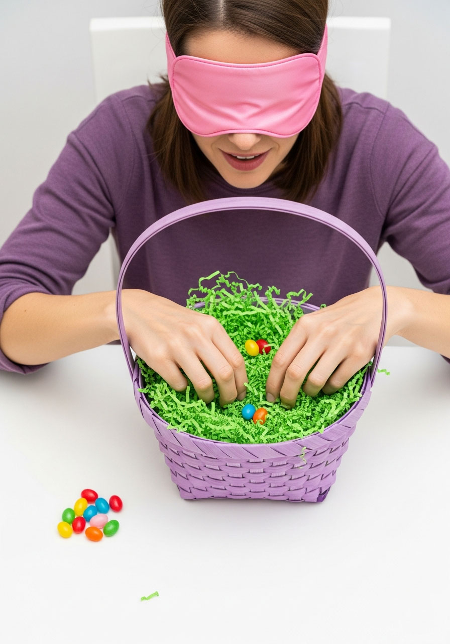 Blindfolded Easter Minute to Win It game finding jelly beans in Easter basket