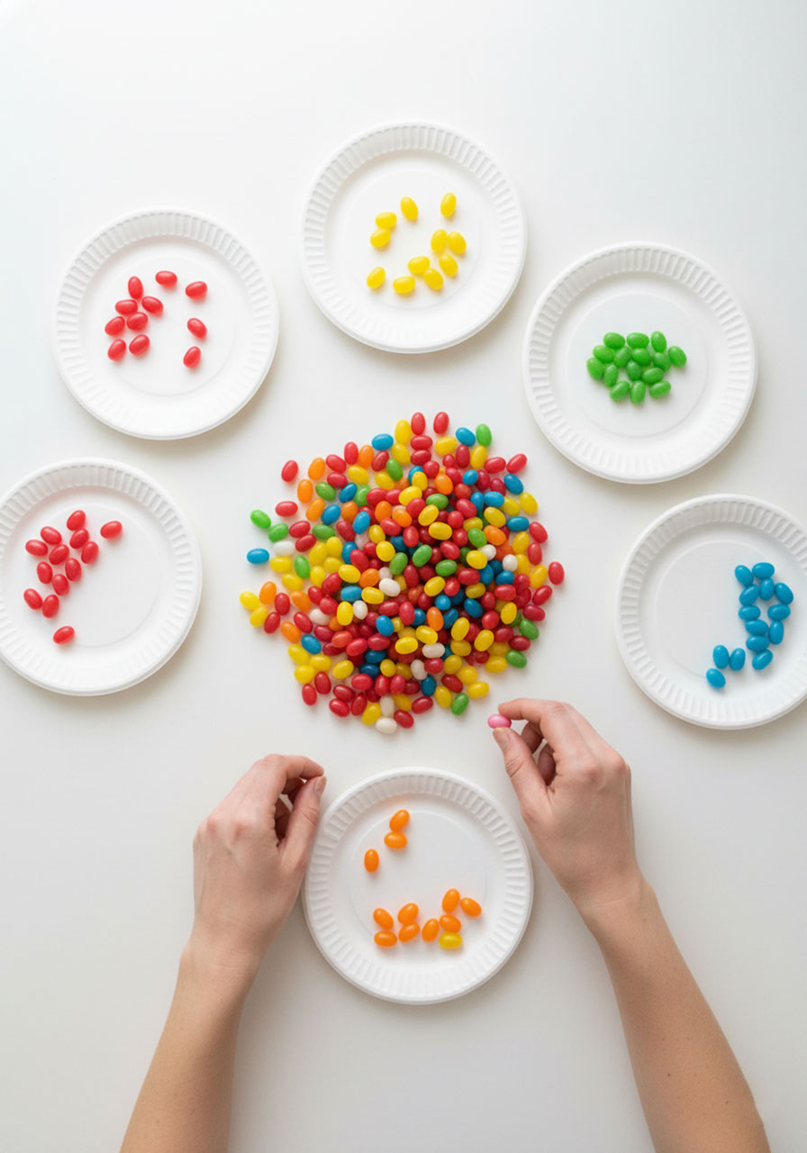 Easter sorting game organizing jelly beans by color in one minute