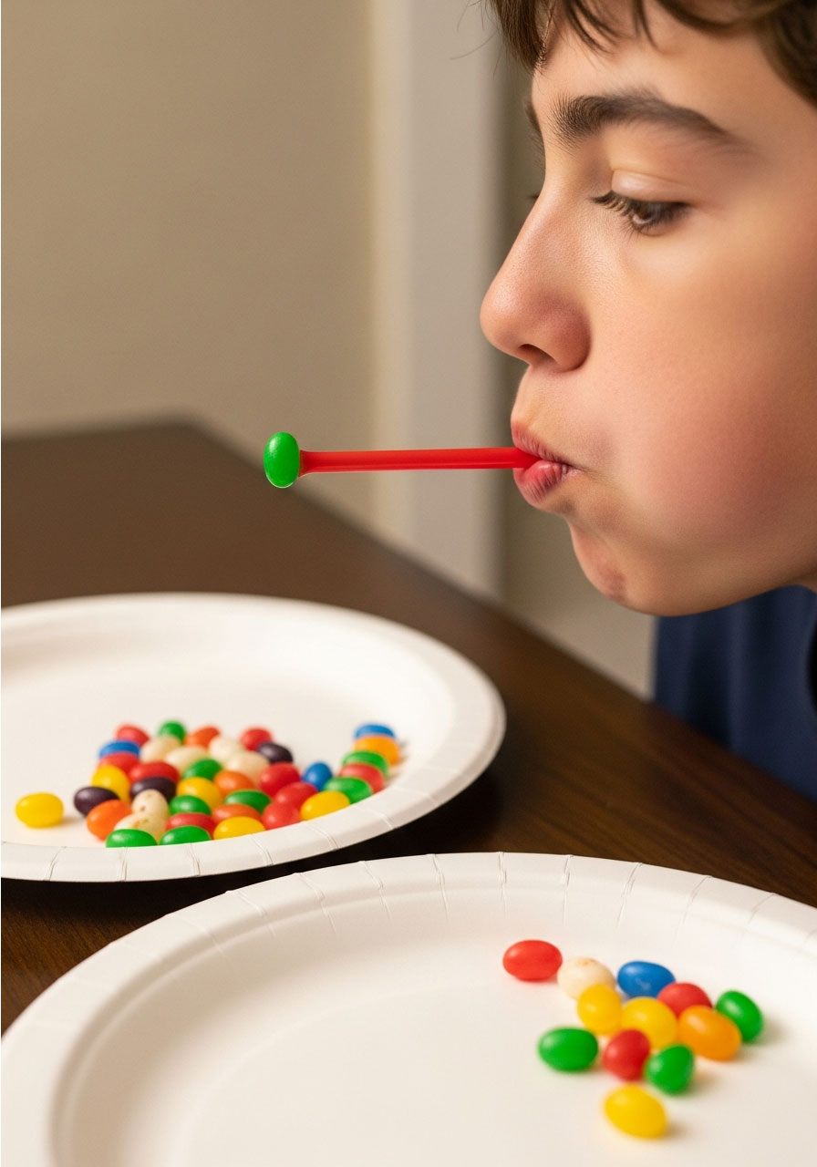 Hilarious Easter game using straw suction to transfer jelly beans between plates