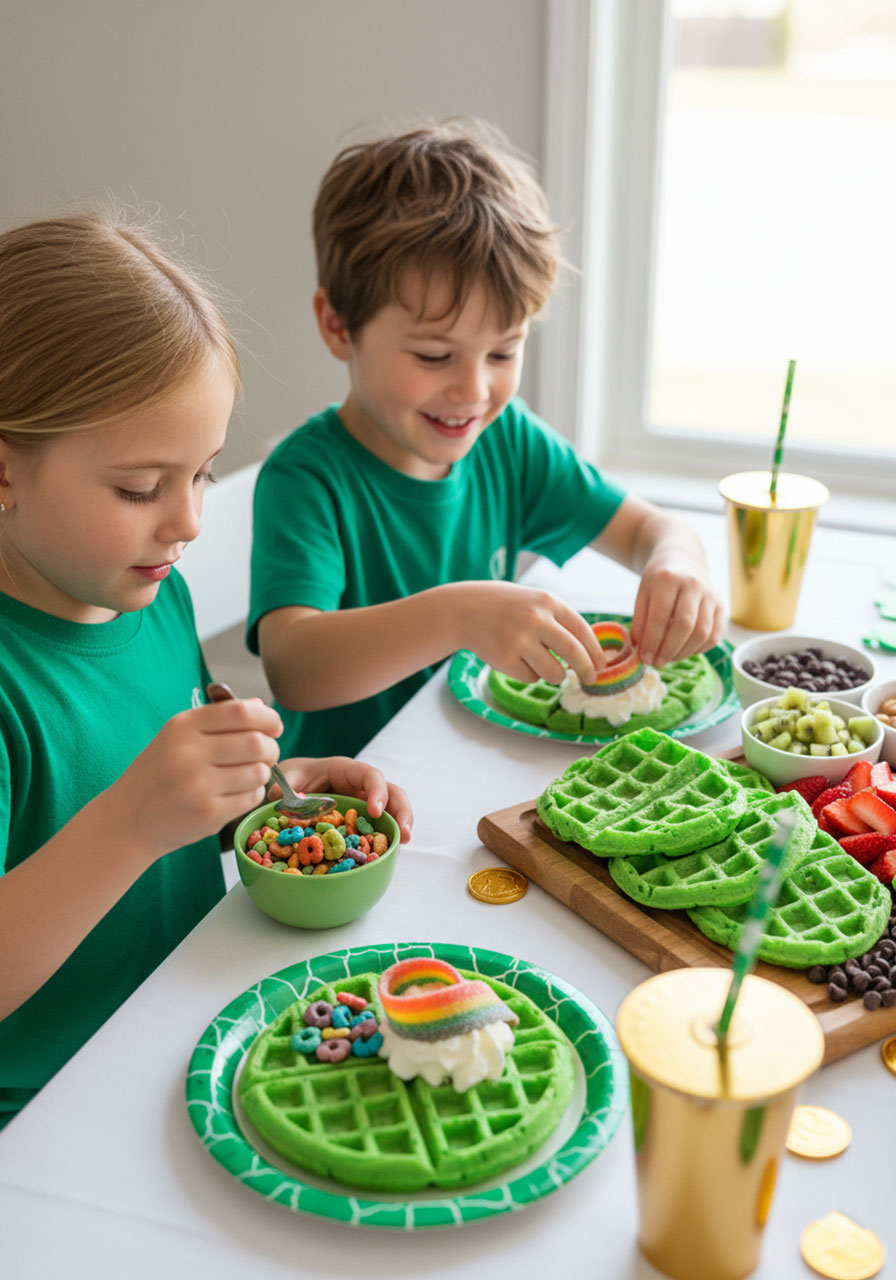 Children building and decorating their own green waffles with toppings at St. Patrick's Day breakfast party