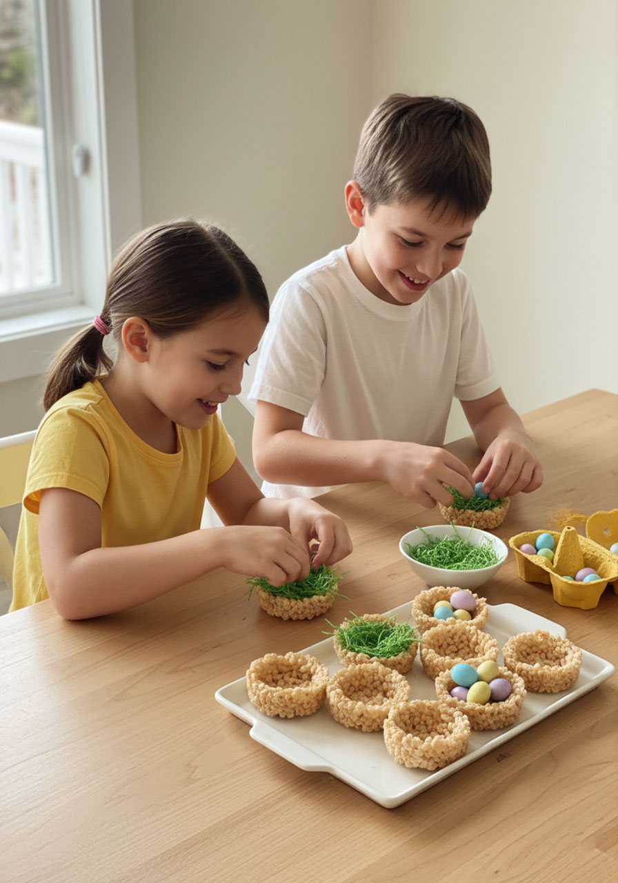 Two kids decorating rice krispie nests with Easter grass and Robin's Egg candies at a dining table – fun Easter activity for children
