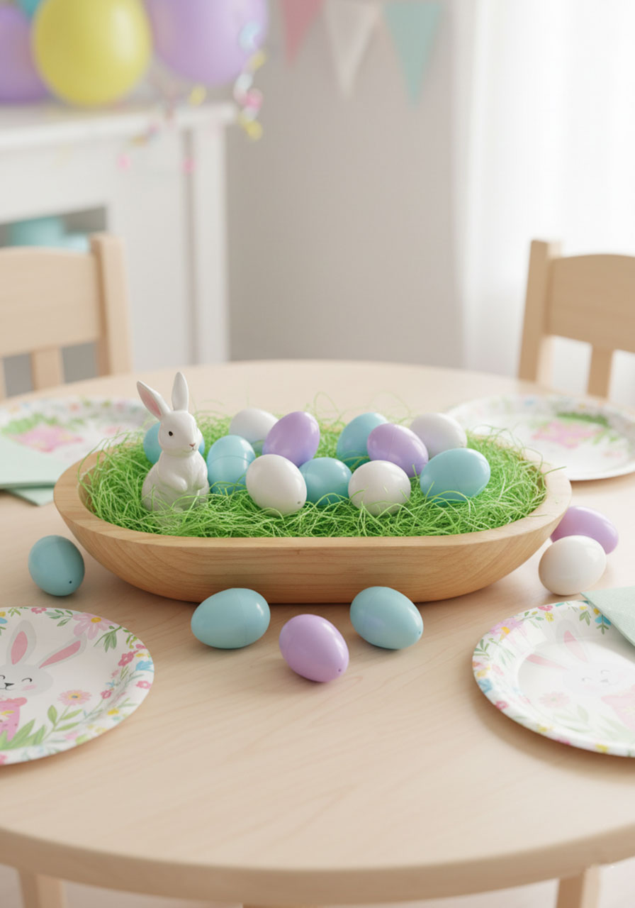 Shallow wooden dough bowl Easter centerpiece for kids filled with green Easter grass, pastel lavender and blue eggs, and a white bunny figurine on a children's party table